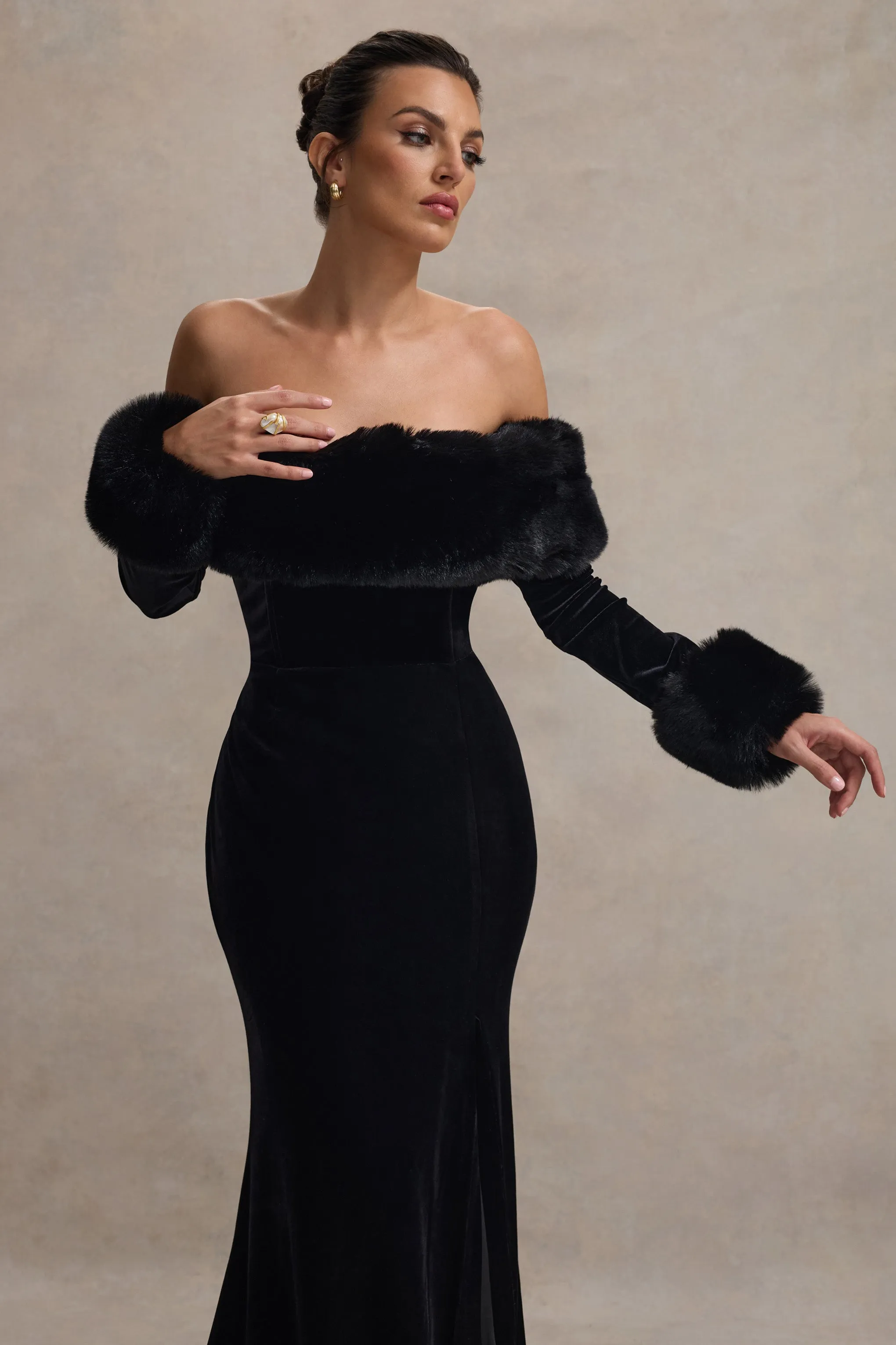 Mystique | Black Bardot Split Maxi Dress With Fur Trims Club L London