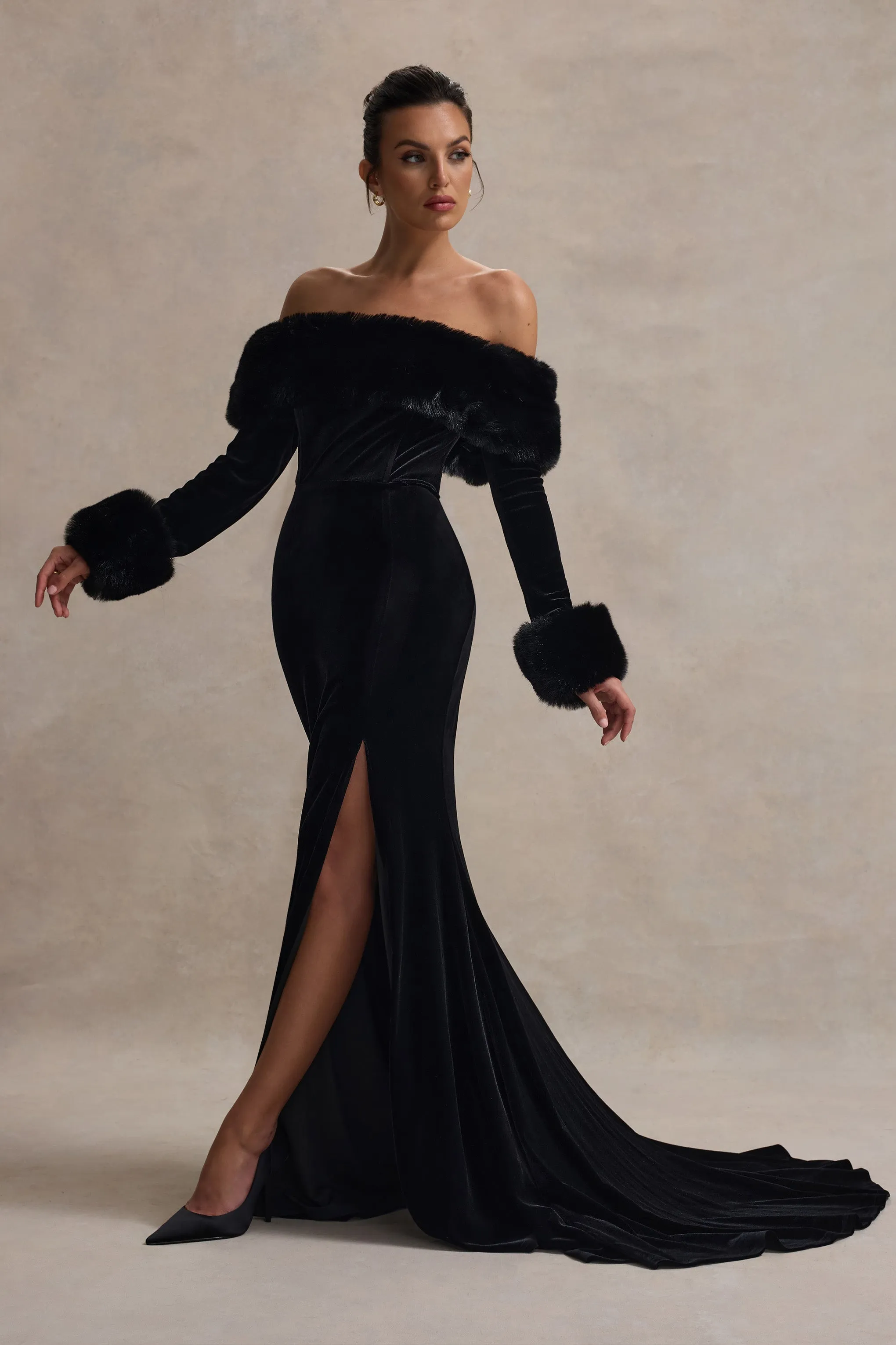 Mystique | Black Bardot Split Maxi Dress With Fur Trims Club L London