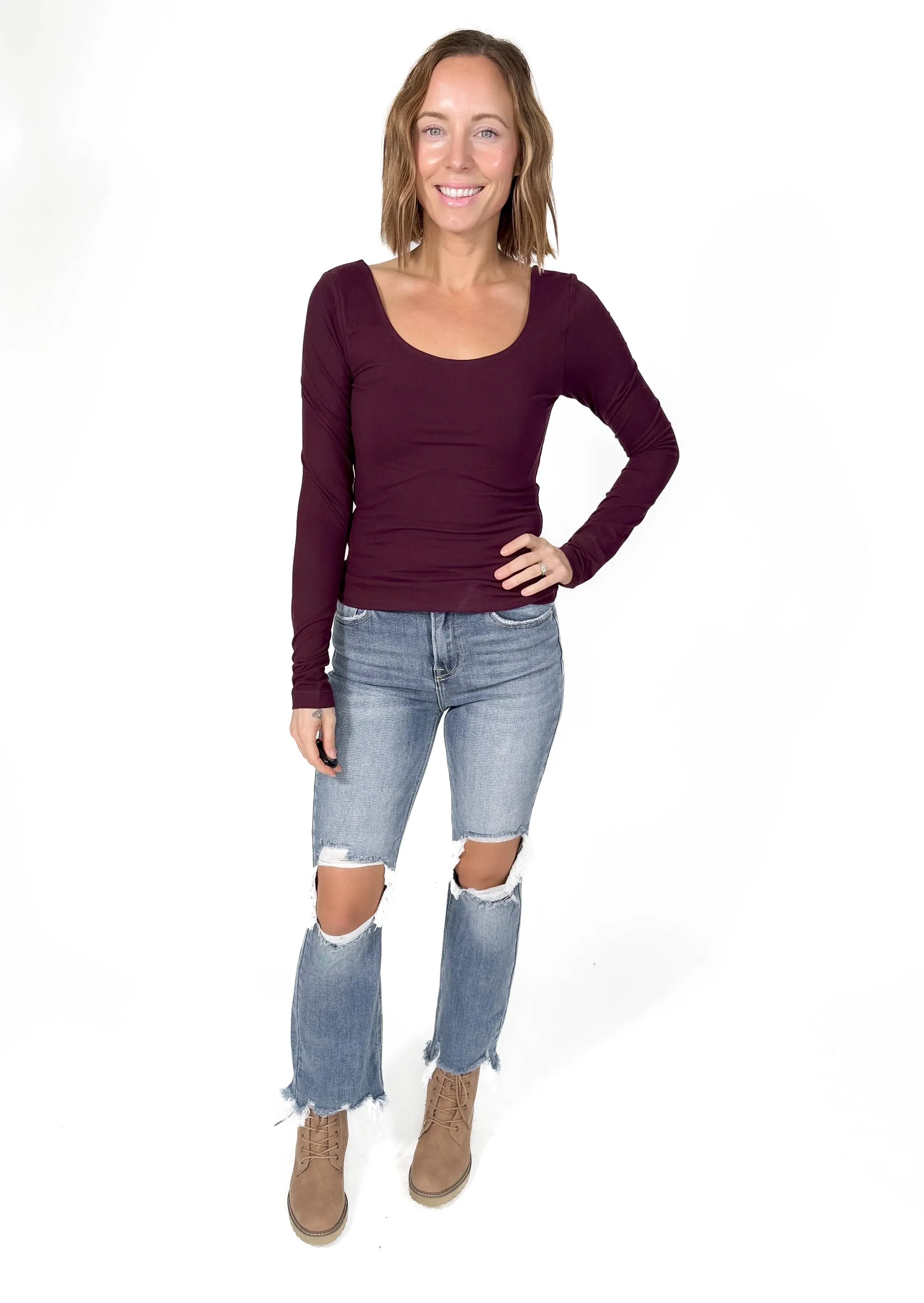 Only The Best Round Neck Butter Long Sleeve- WINE-FINAL SALE