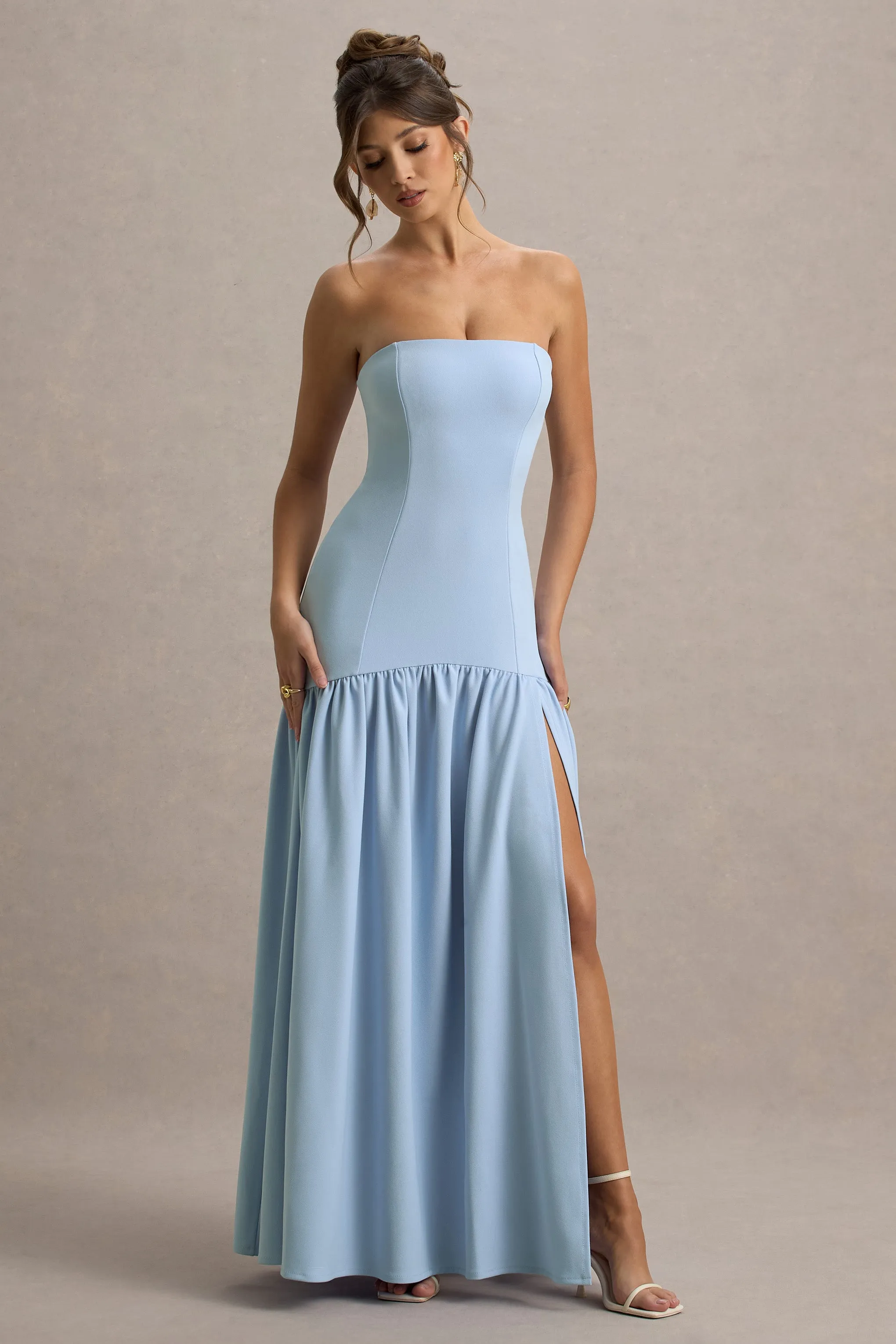 Penny | Powder Blue Bandeau Drop-Waist Maxi Dress Club L London