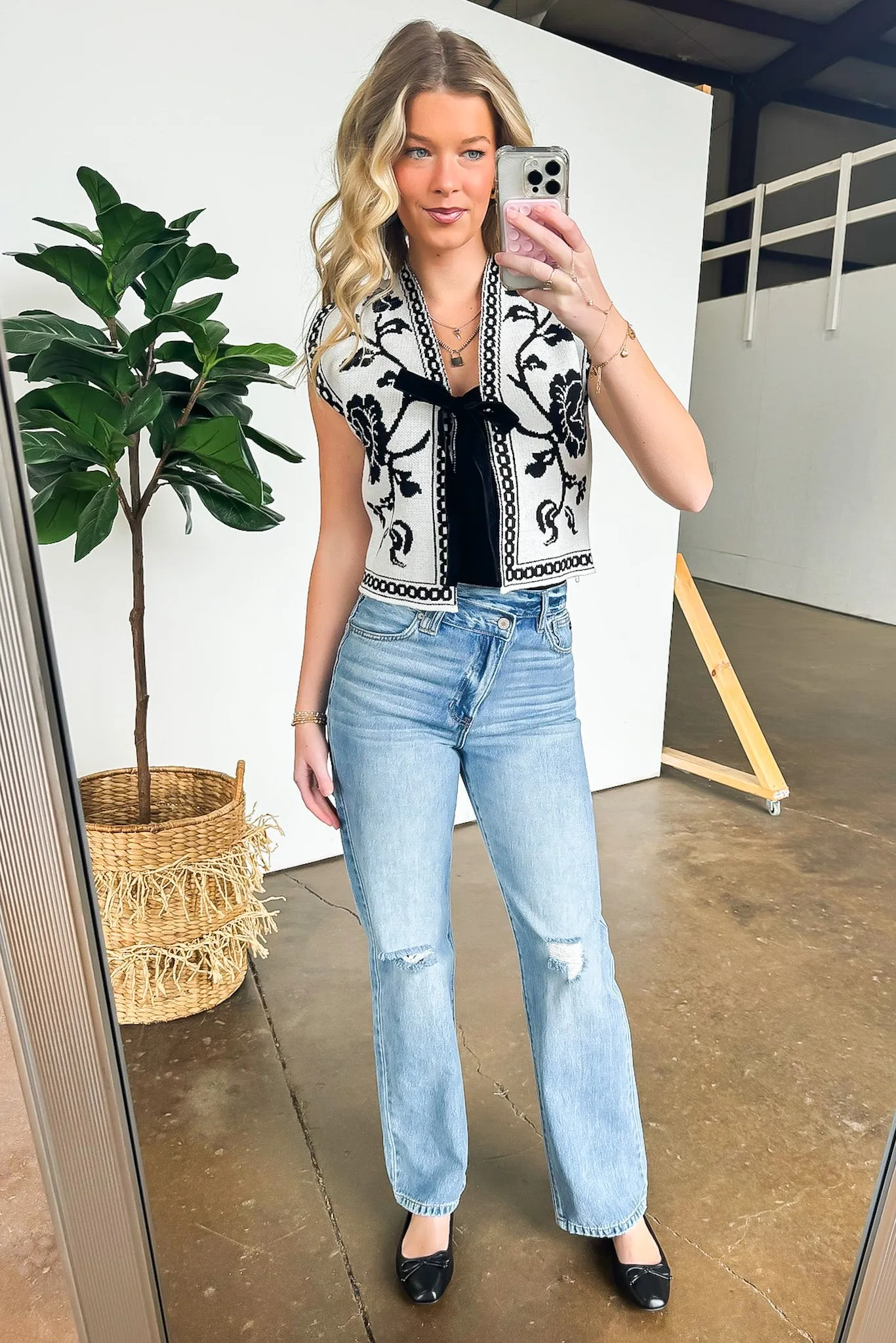 Quinn Floral Jacquard Tie Front Sweater Vest