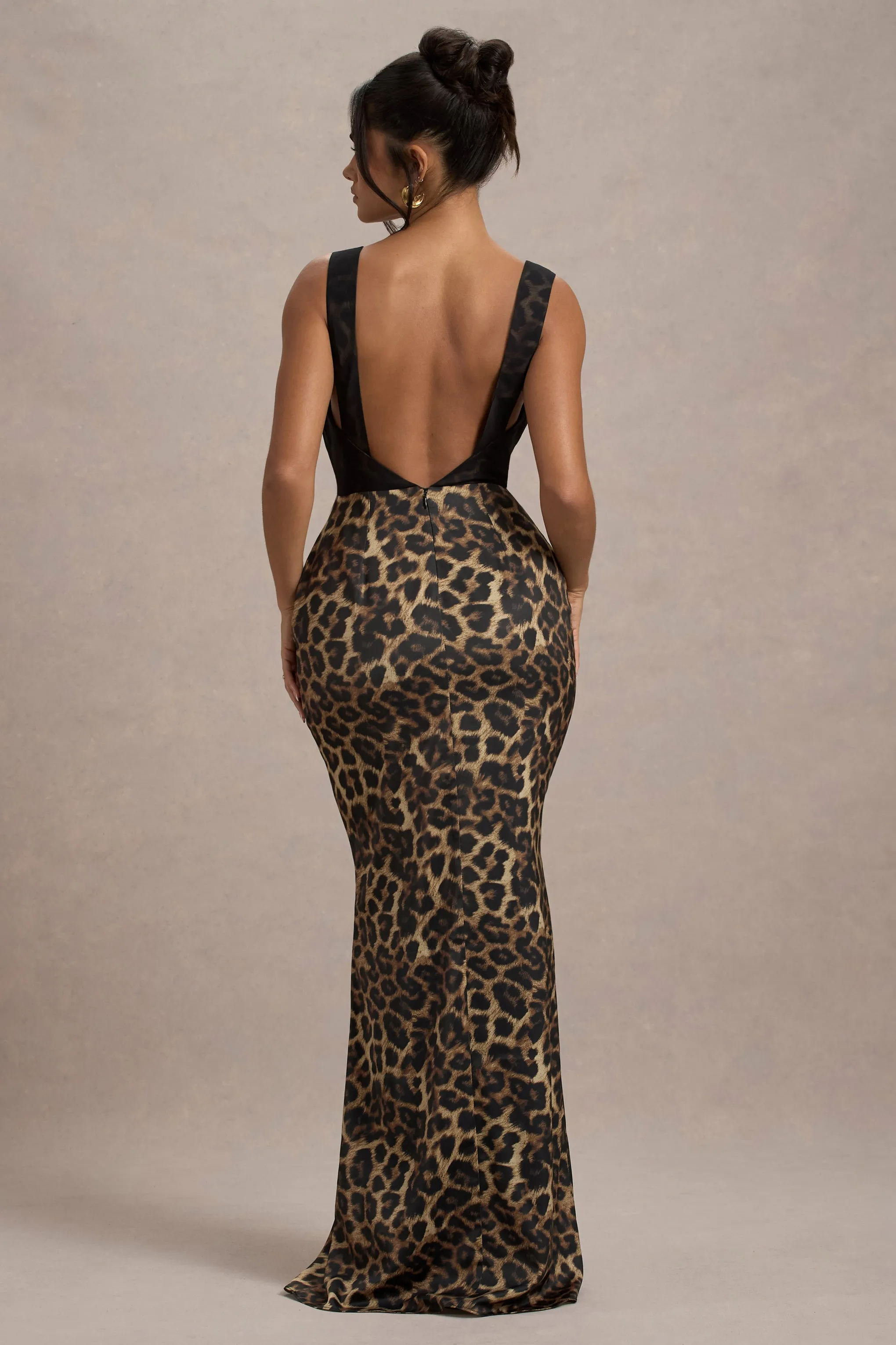 Sahara | Leopard Print Satin V-Neck Maxi Dress With Black Lace Trim Club L London