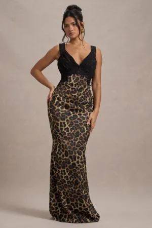 Sahara | Leopard Print Satin V-Neck Maxi Dress With Black Lace Trim Club L London
