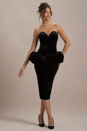 Sarifa | Black Velvet Strapless Corset Midi Dress With Ruffle Peplum Club L London