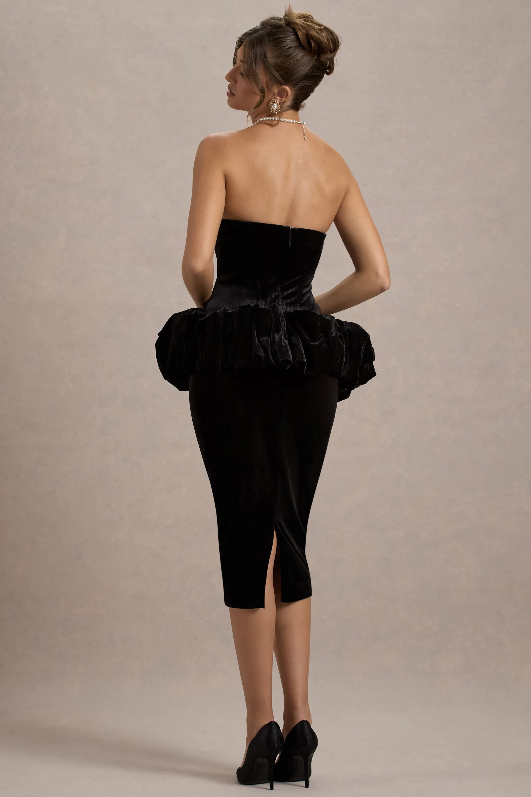 Sarifa | Black Velvet Strapless Corset Midi Dress With Ruffle Peplum Club L London