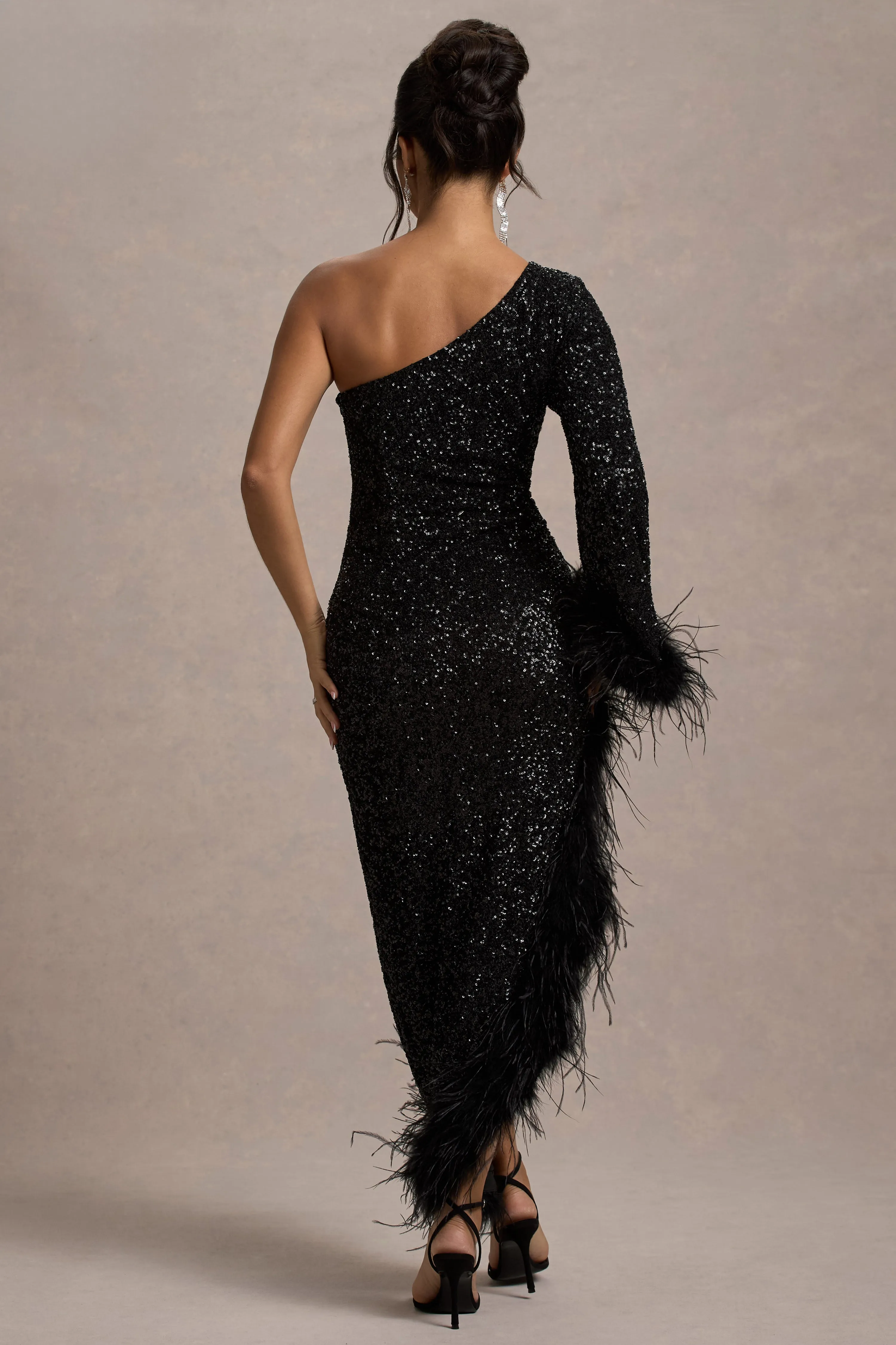Shadow | Black Sequin One-Shoulder Feather Trim Maxi Dress Club L London