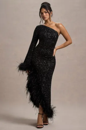 Shadow | Black Sequin One-Shoulder Feather Trim Maxi Dress Club L London