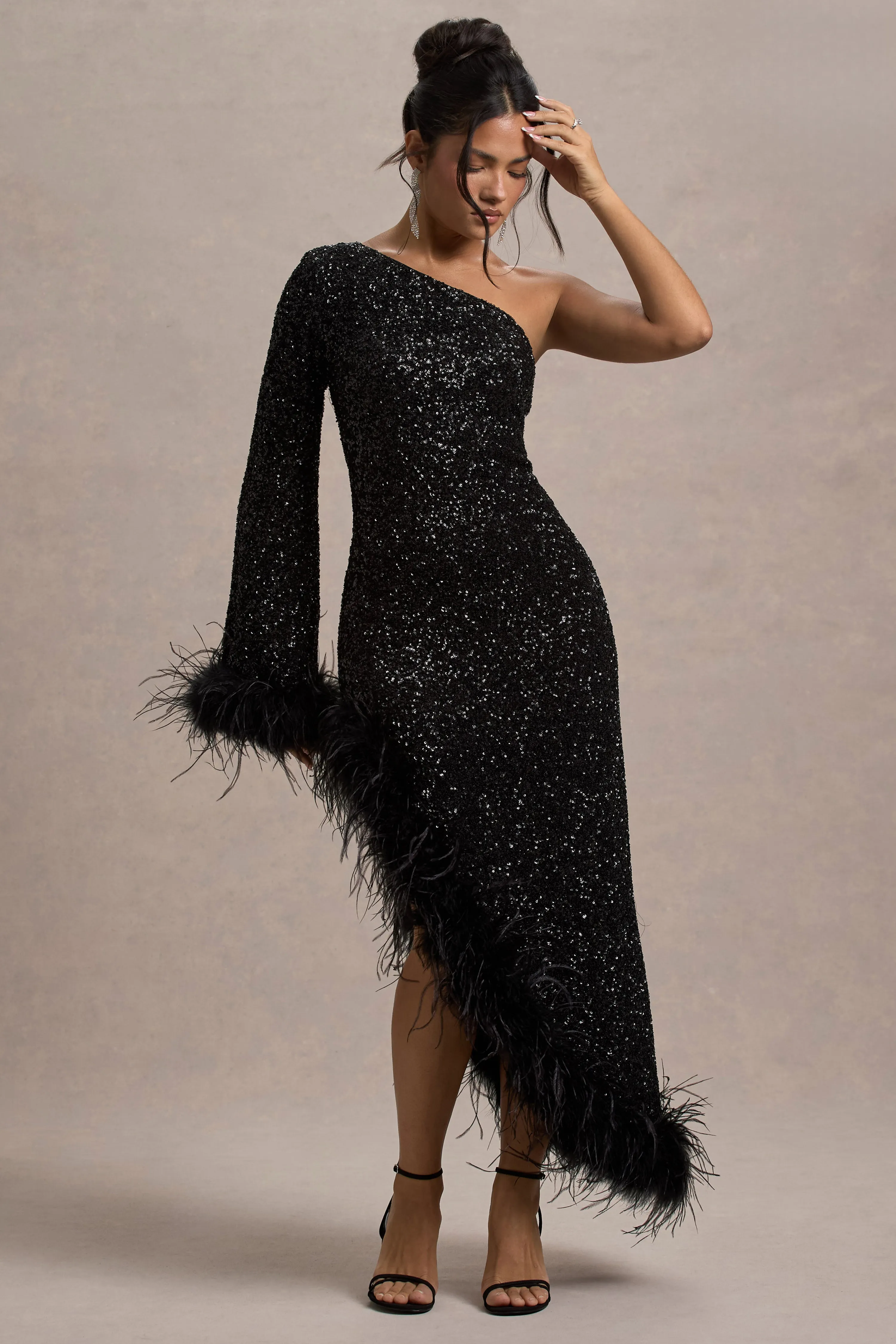Shadow | Black Sequin One-Shoulder Feather Trim Maxi Dress Club L London