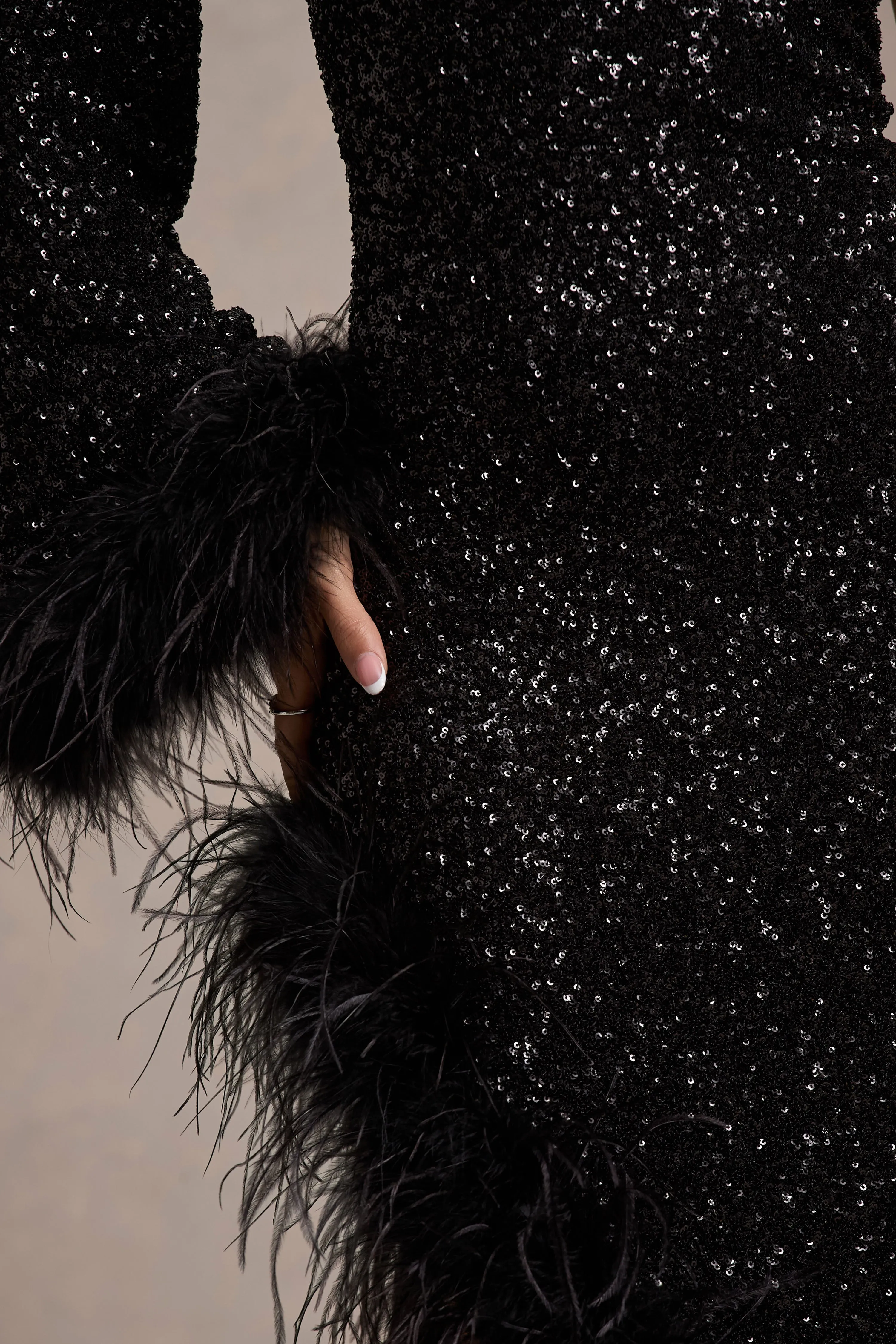 Shadow | Black Sequin One-Shoulder Feather Trim Maxi Dress Club L London