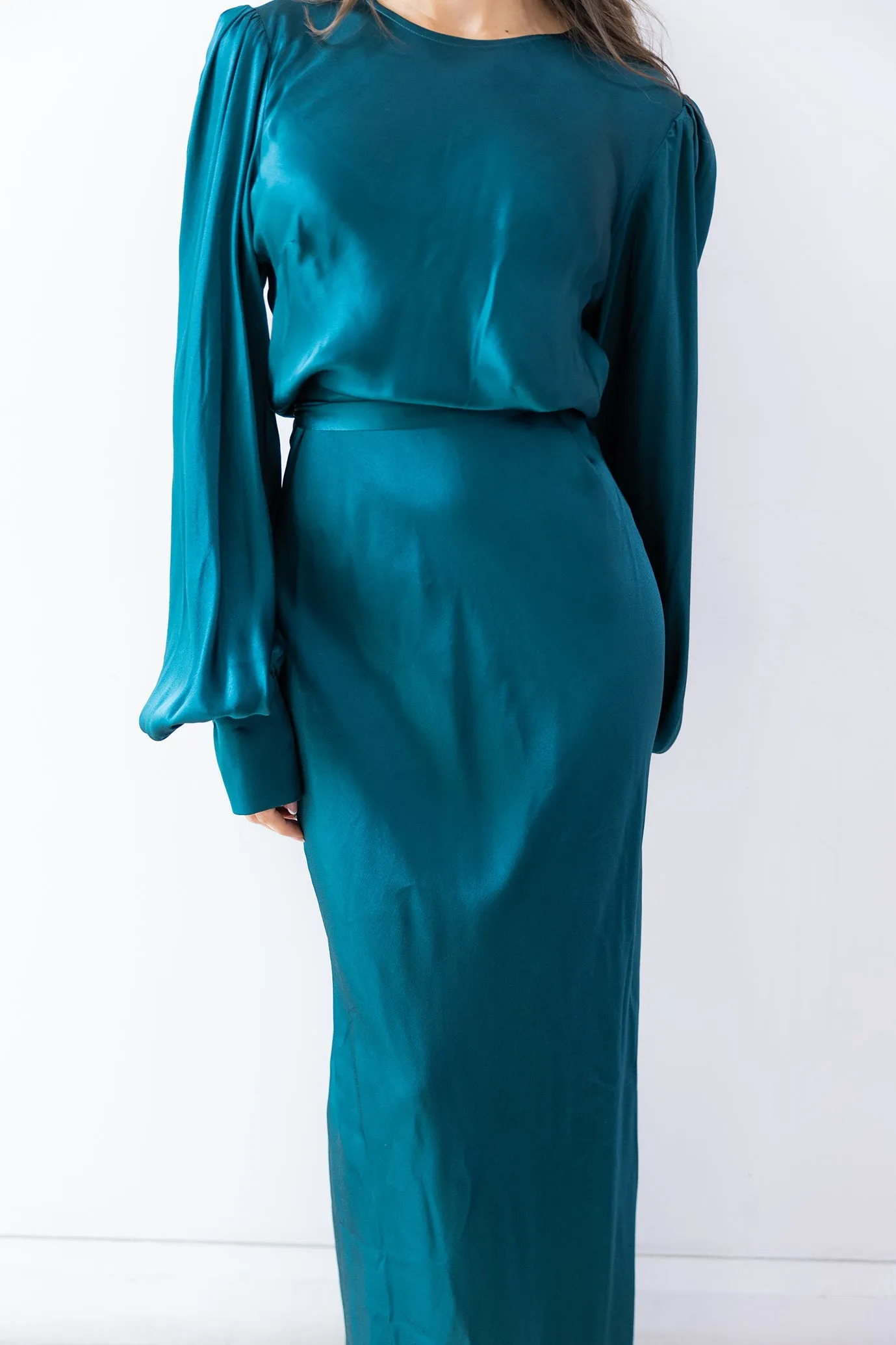 Sherri Satin Puff Sleeve Gown Teal by Fatima K Designs