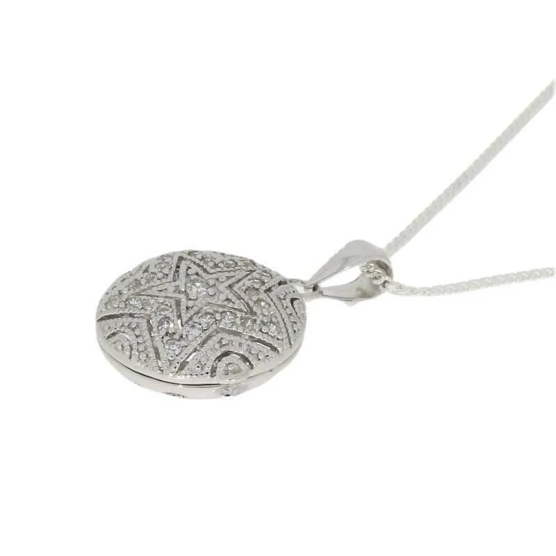 Sterling Silver CZ Star Pattern Ladies Locket and Chain R8665/C