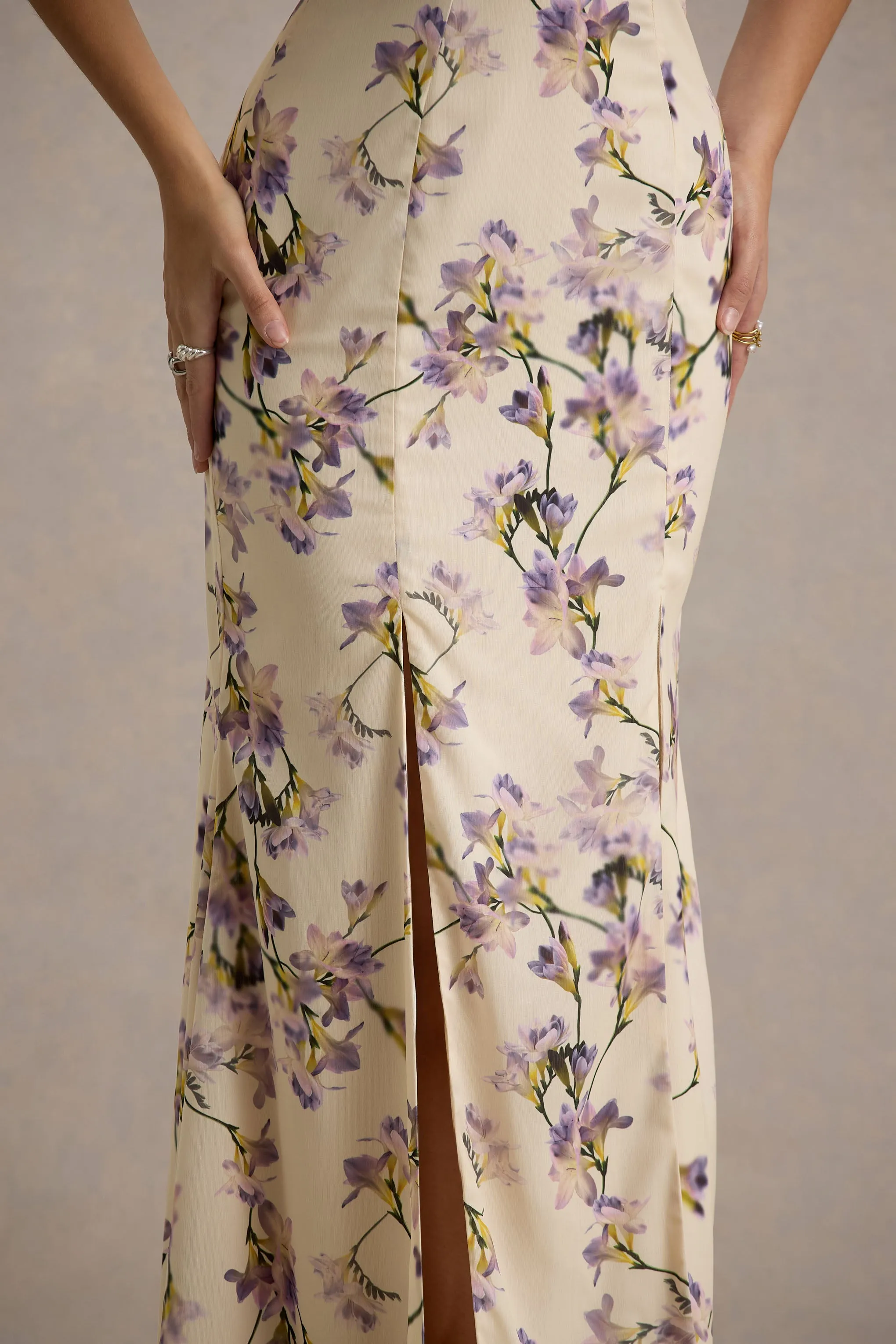 Stila | Lemon Floral Print Plunge-Neck Maxi Dress With High Front Split Club L London