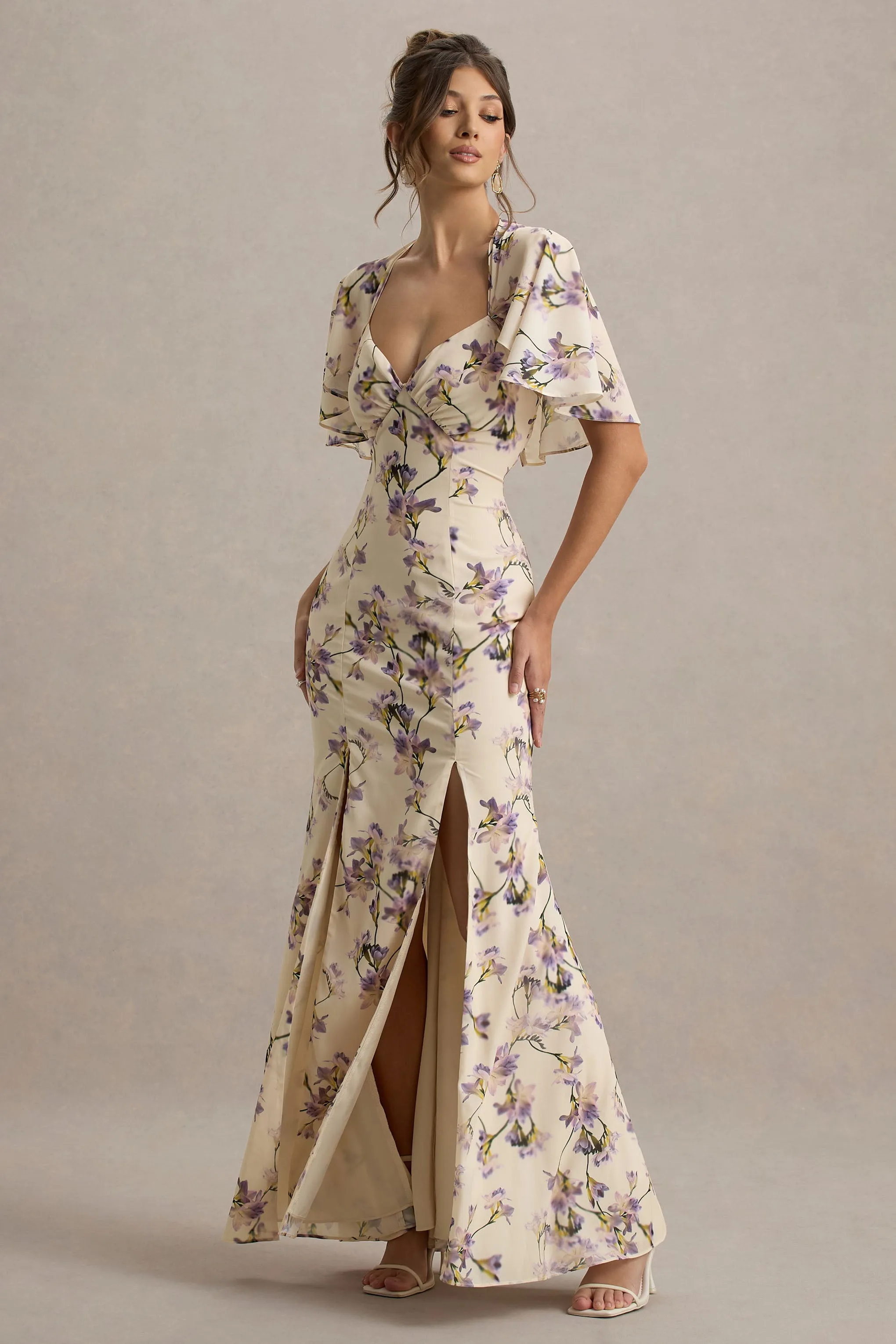 Stila | Lemon Floral Print Plunge-Neck Maxi Dress With High Front Split Club L London