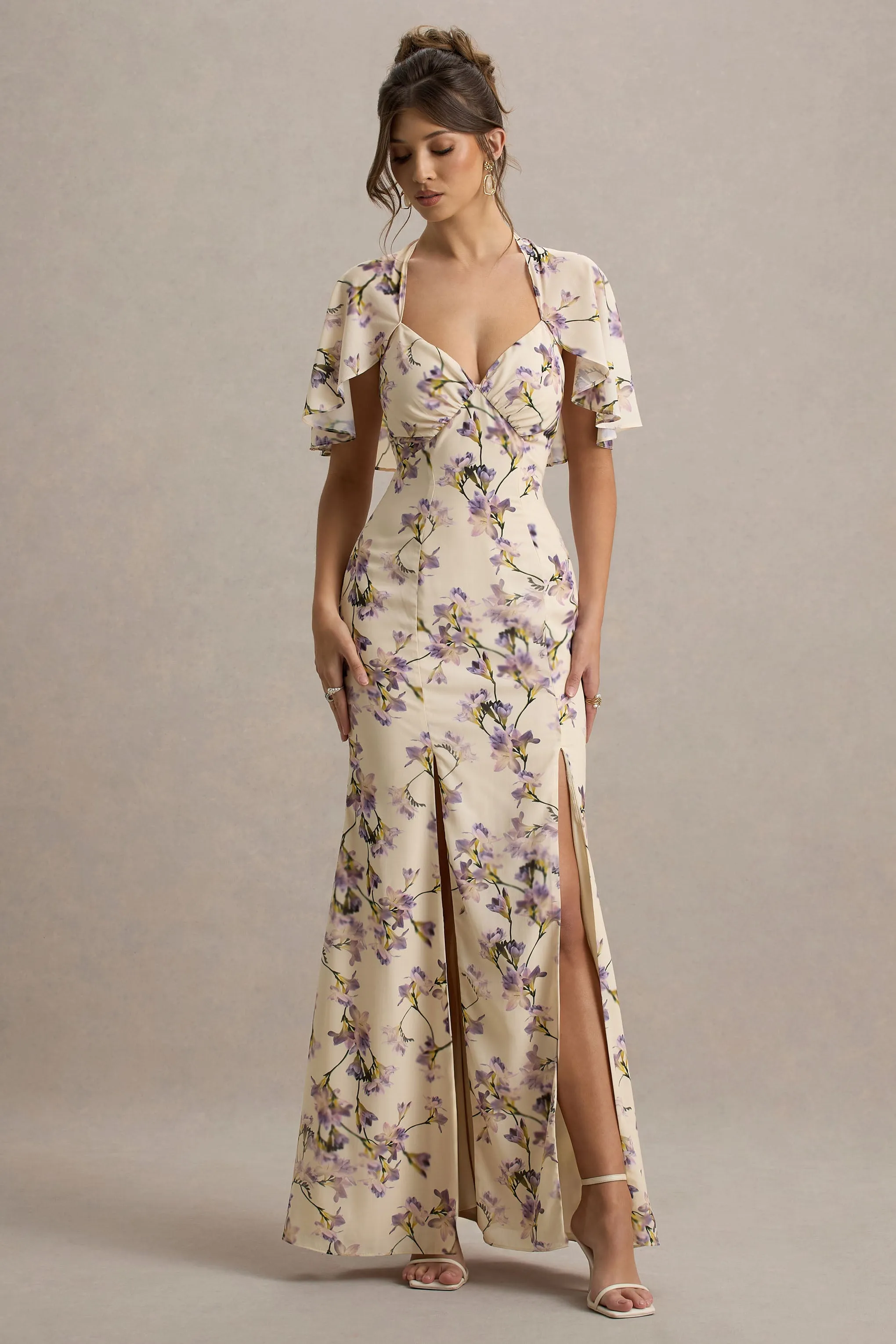 Stila | Lemon Floral Print Plunge-Neck Maxi Dress With High Front Split Club L London