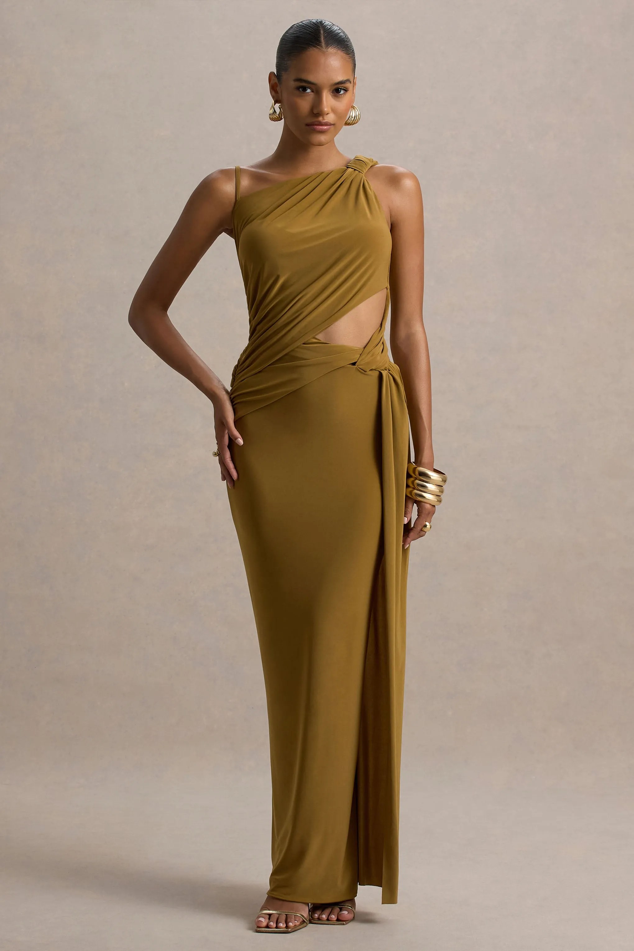 Storm | Brown Asymmetric Maxi Dress With Cut-Out Details Club L London