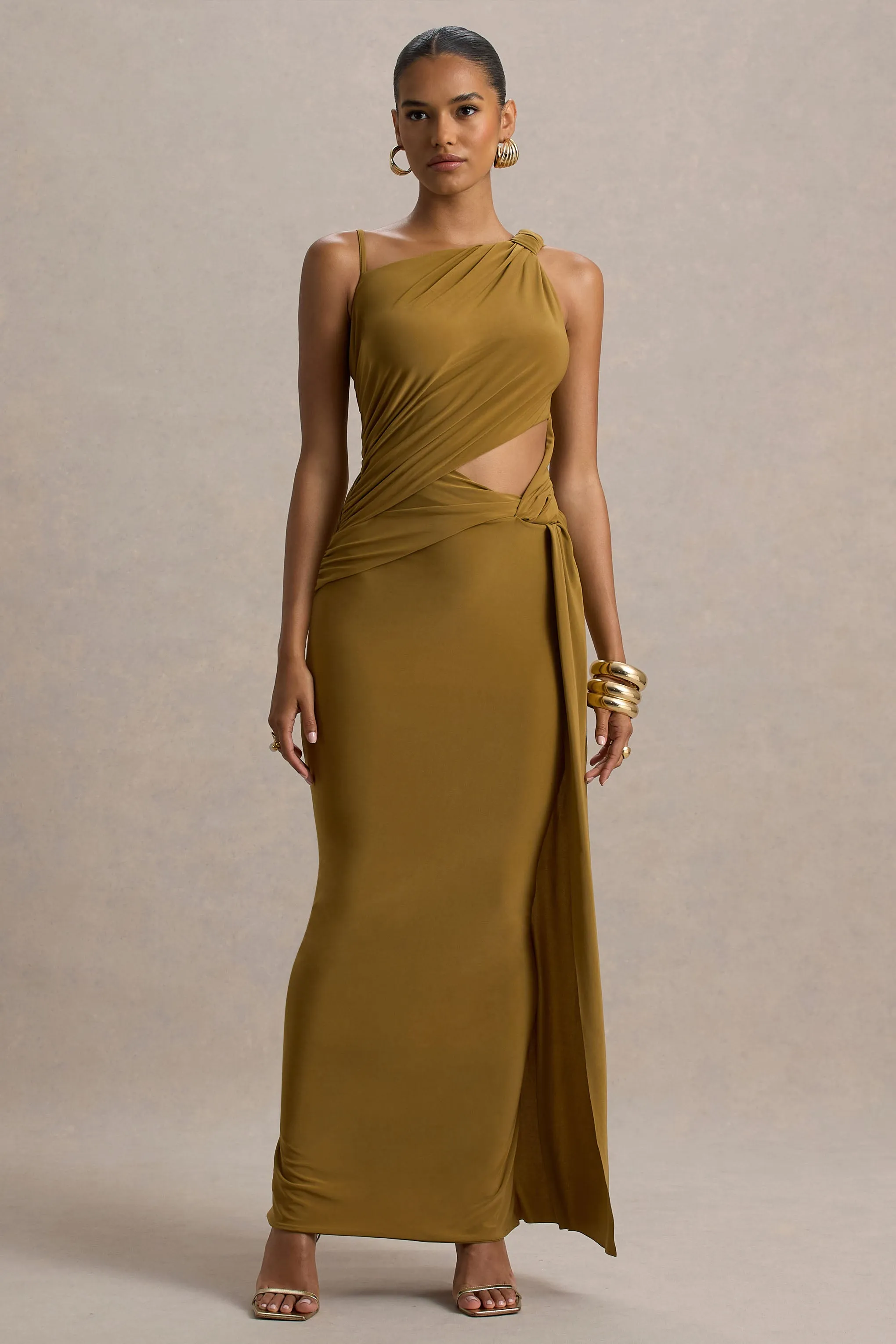 Storm | Brown Asymmetric Maxi Dress With Cut-Out Details Club L London
