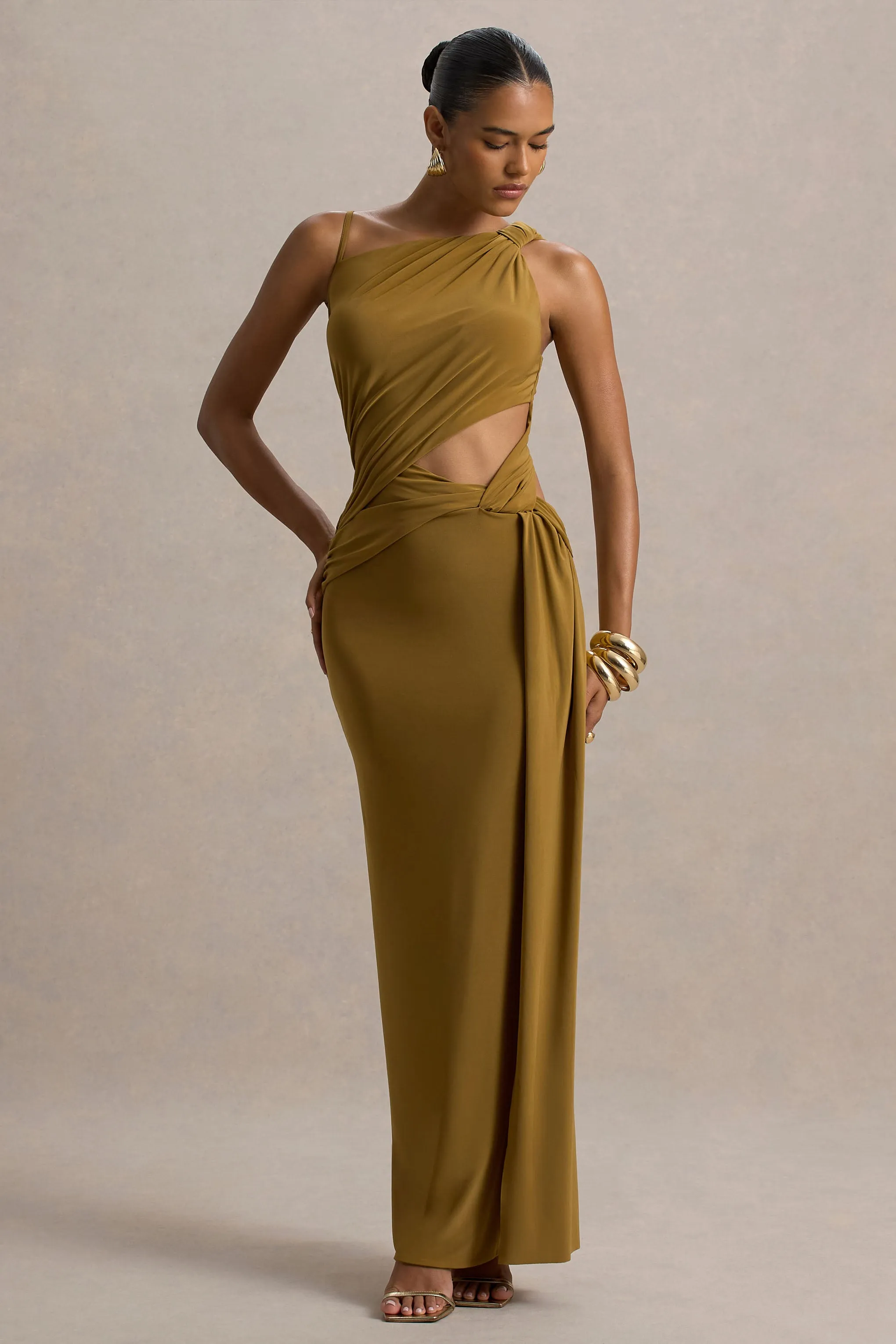 Storm | Brown Asymmetric Maxi Dress With Cut-Out Details Club L London