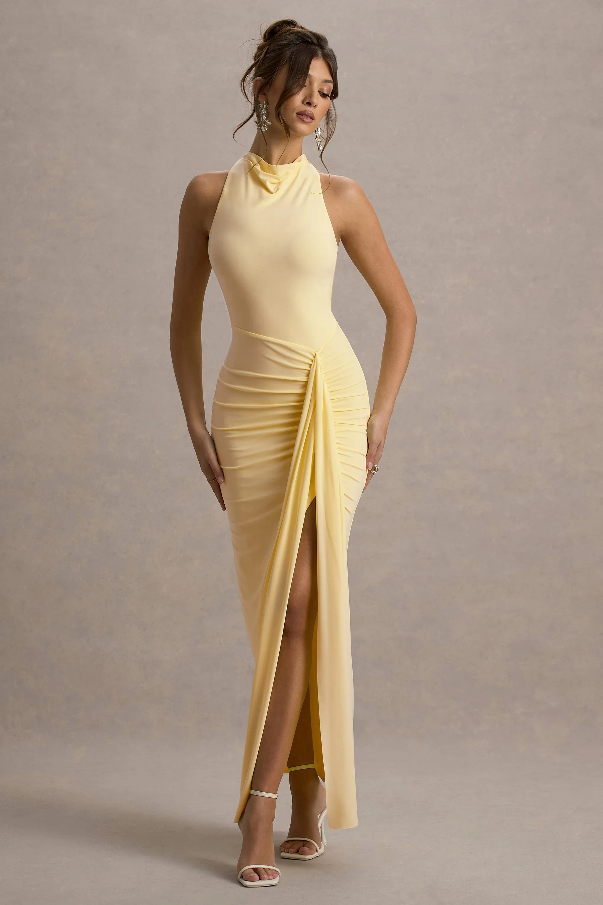 Sunflower | Pale Lemon Ruched High-Neck Split Maxi Dress Club L London