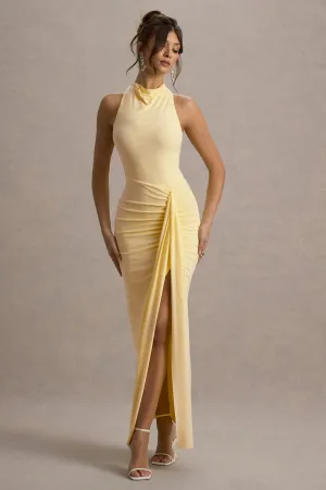 Sunflower | Pale Lemon Ruched High-Neck Split Maxi Dress Club L London