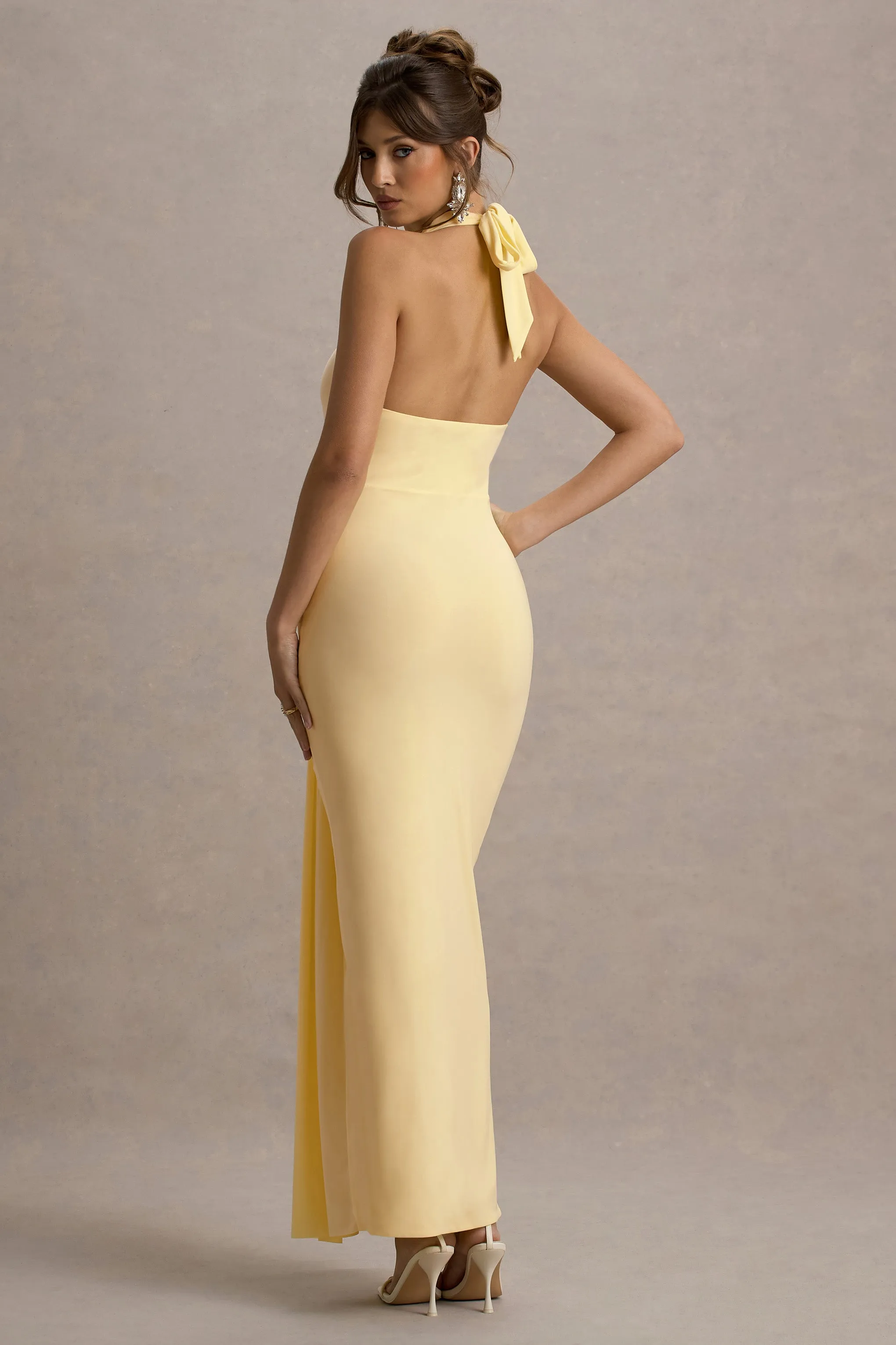 Sunflower | Pale Lemon Ruched High-Neck Split Maxi Dress Club L London