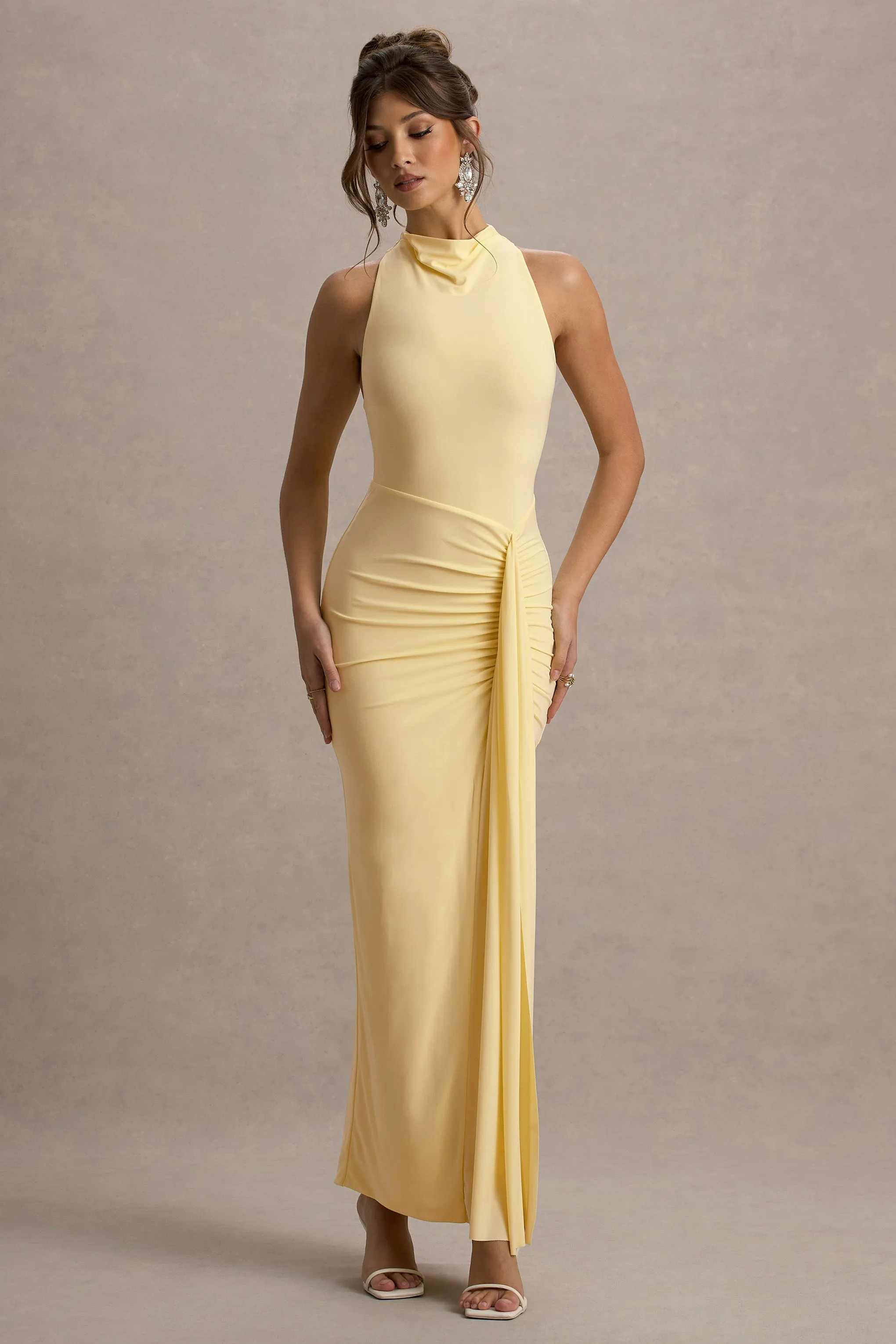 Sunflower | Pale Lemon Ruched High-Neck Split Maxi Dress Club L London