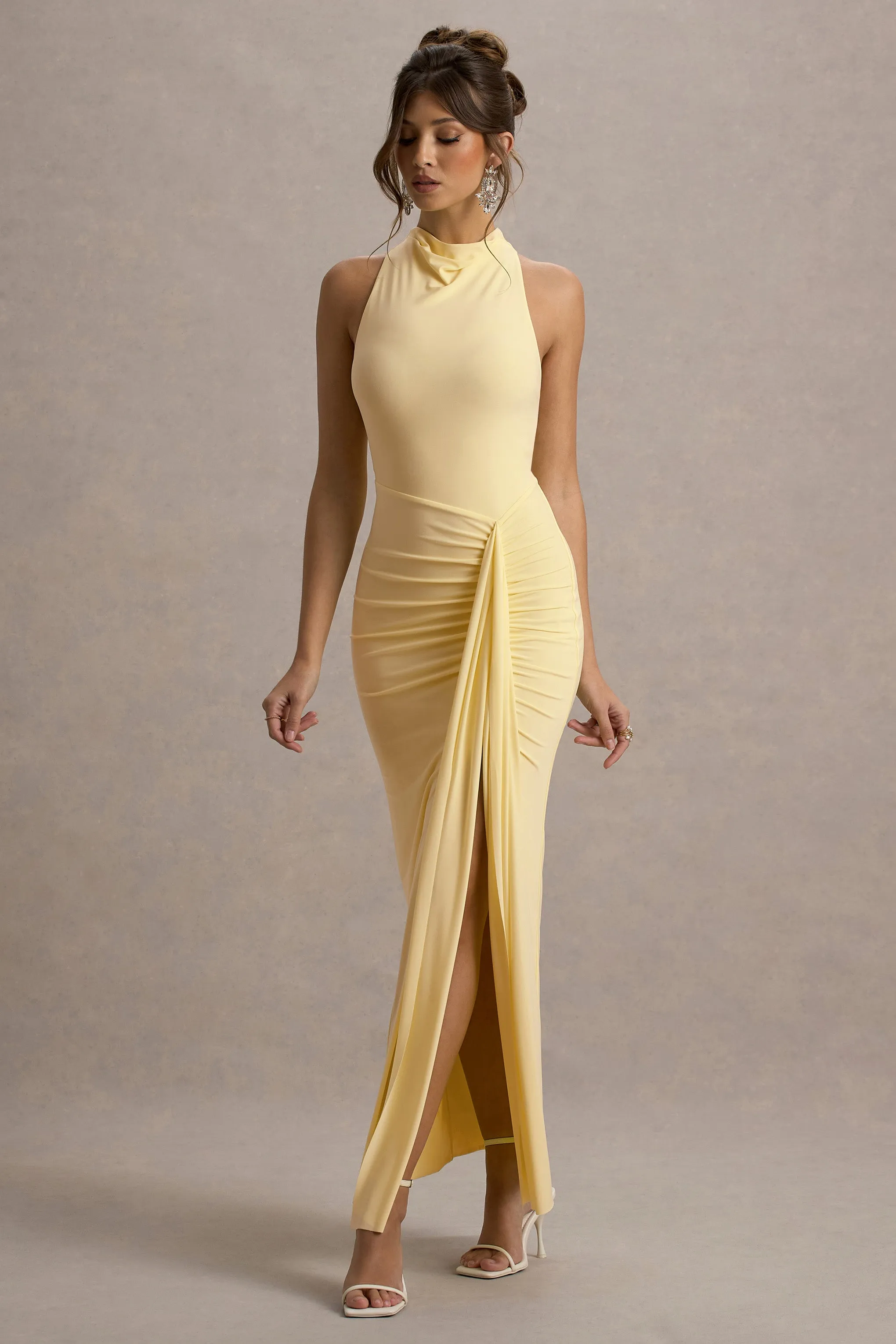 Sunflower | Pale Lemon Ruched High-Neck Split Maxi Dress Club L London
