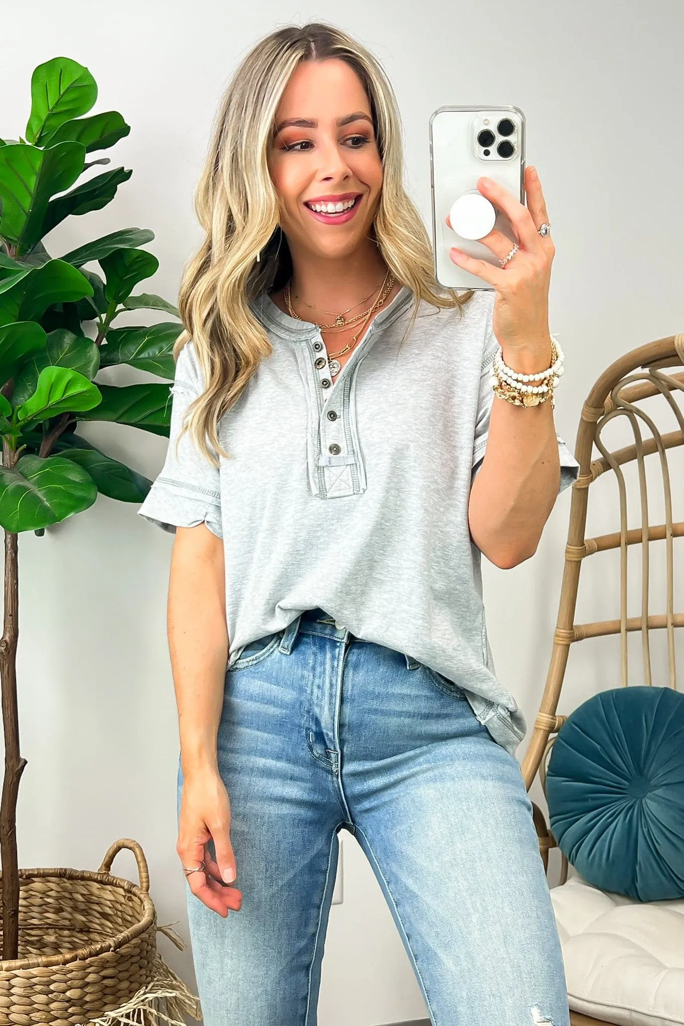 Taryyn Raw Edge Button Henley Top - BACK IN STOCK