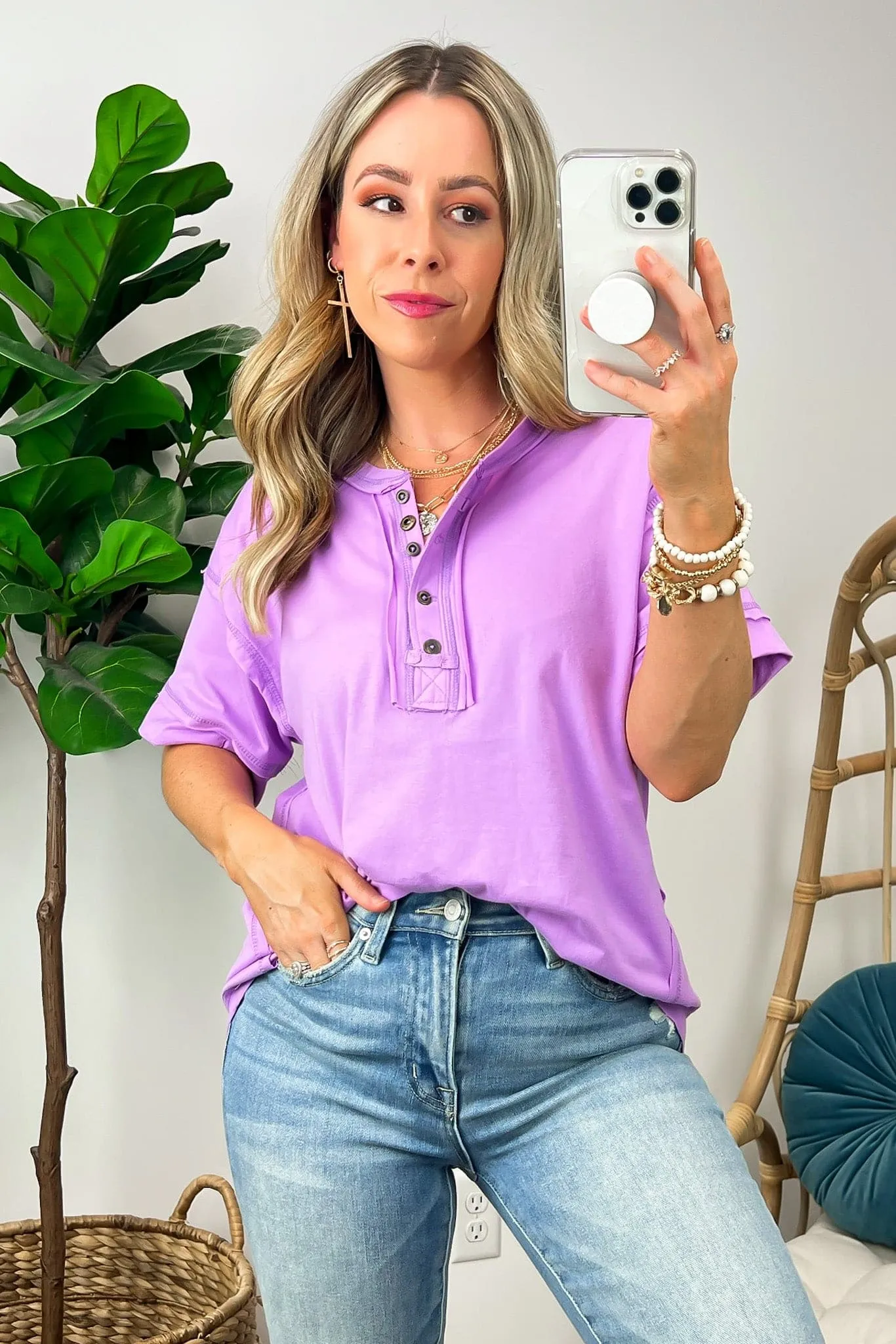 Taryyn Raw Edge Button Henley Top - BACK IN STOCK