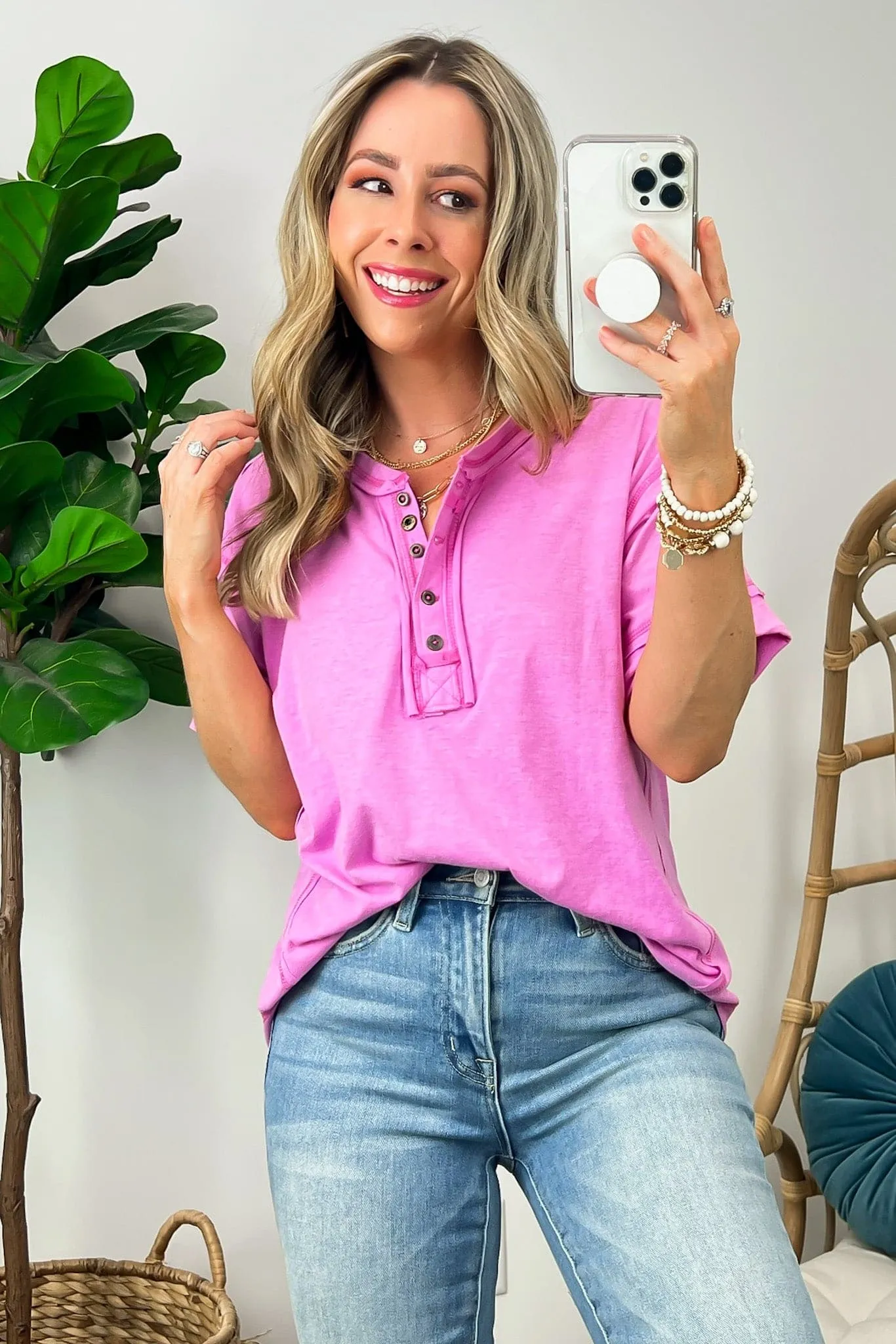 Taryyn Raw Edge Button Henley Top - BACK IN STOCK