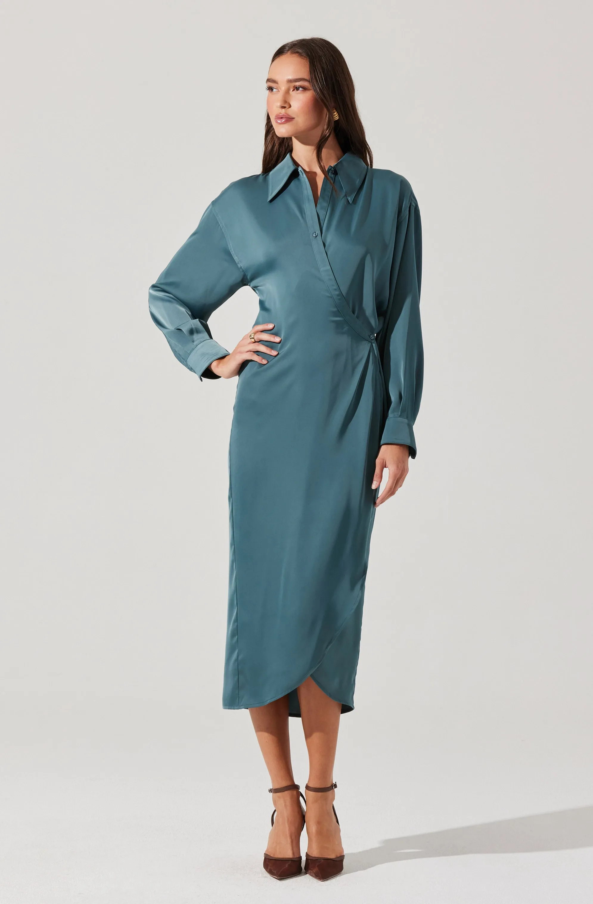 VIP Favorite Ira Satin Wrap Shirt Dress  Almost Sold Out!