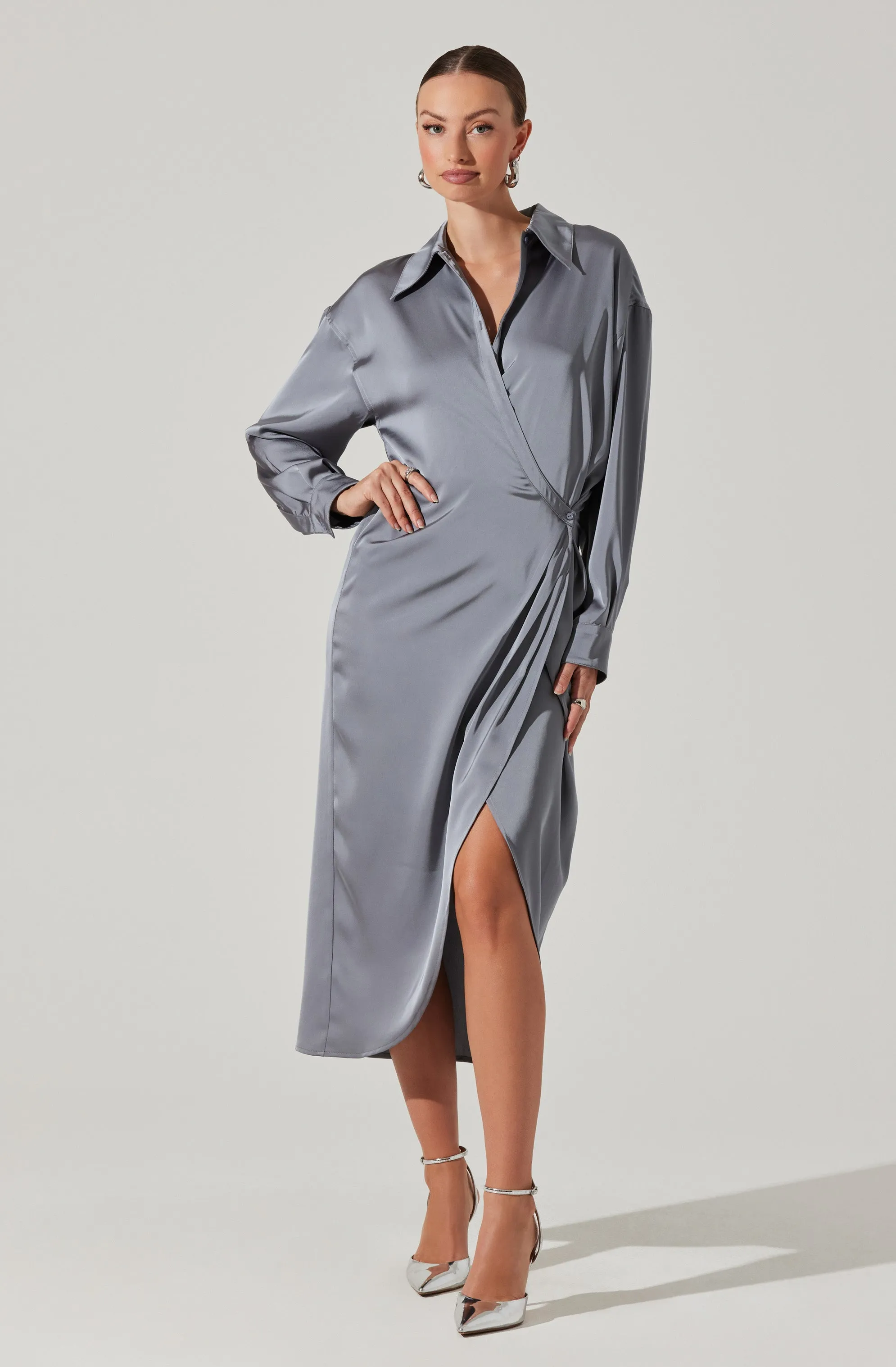 VIP Favorite Ira Satin Wrap Shirt Dress  Almost Sold Out!