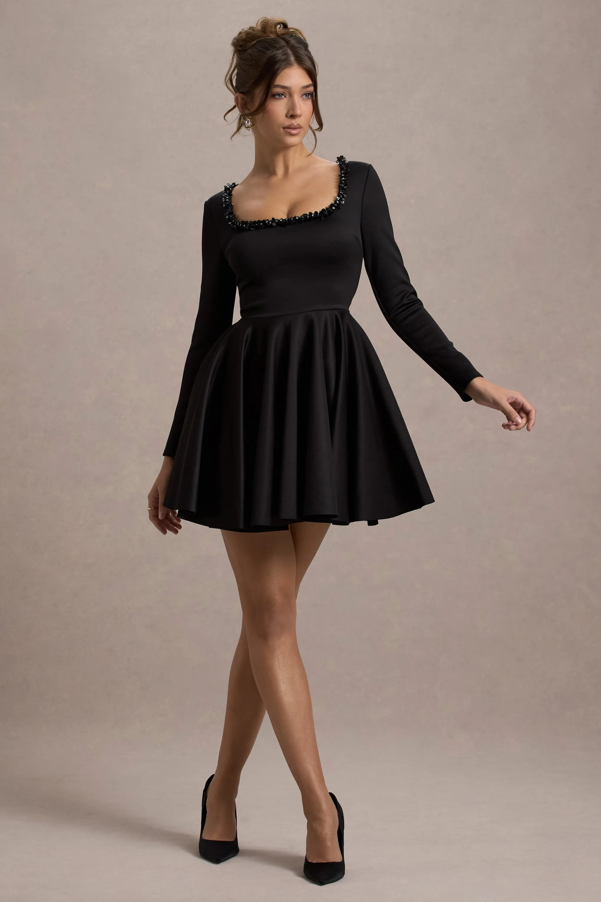 Wilder | Black Square-Neck Long-Sleeve Skater Mini Dress Club L London
