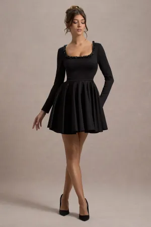 Wilder | Black Square-Neck Long-Sleeve Skater Mini Dress Club L London