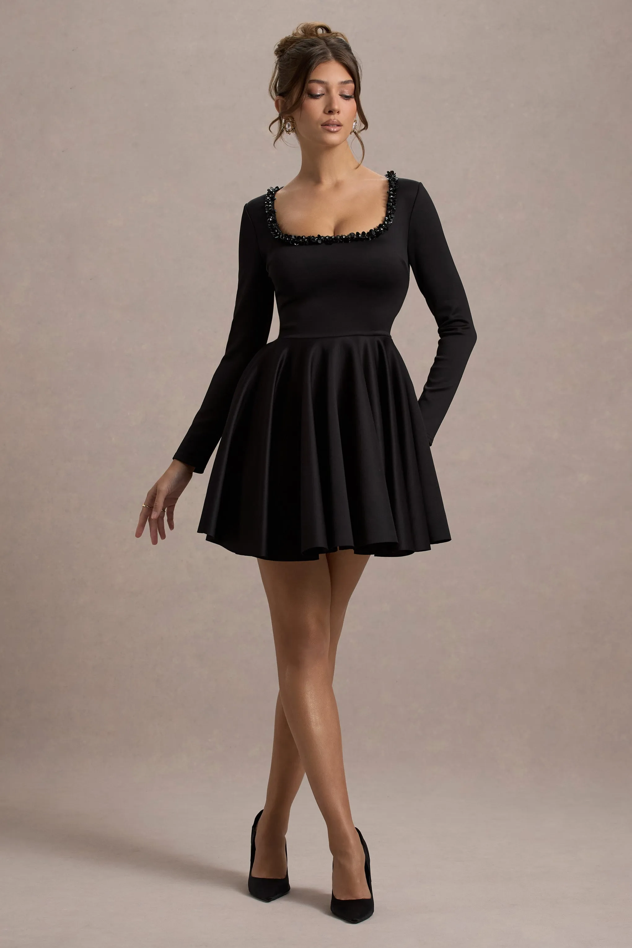 Wilder | Black Square-Neck Long-Sleeve Skater Mini Dress Club L London