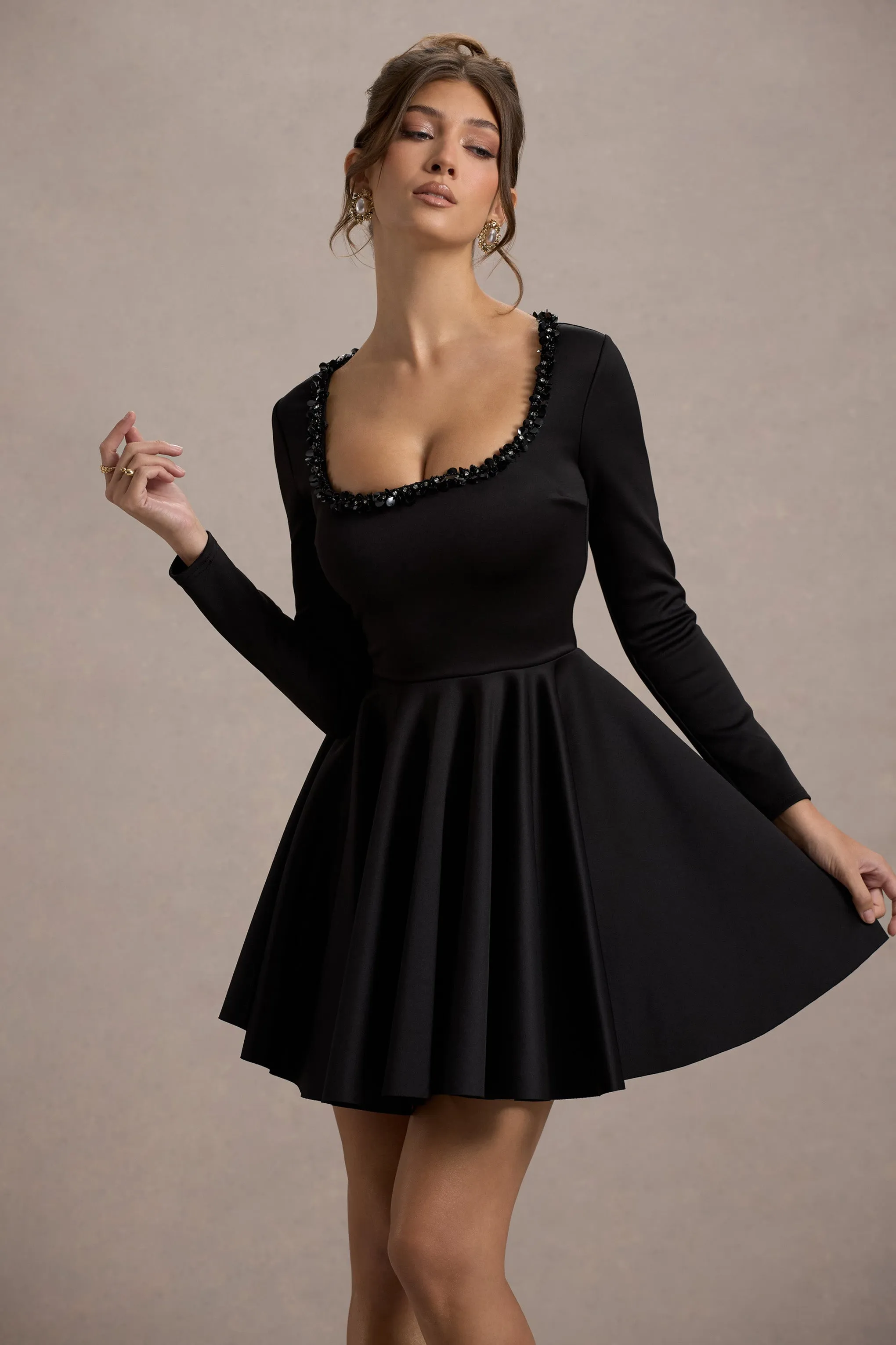 Wilder | Black Square-Neck Long-Sleeve Skater Mini Dress Club L London