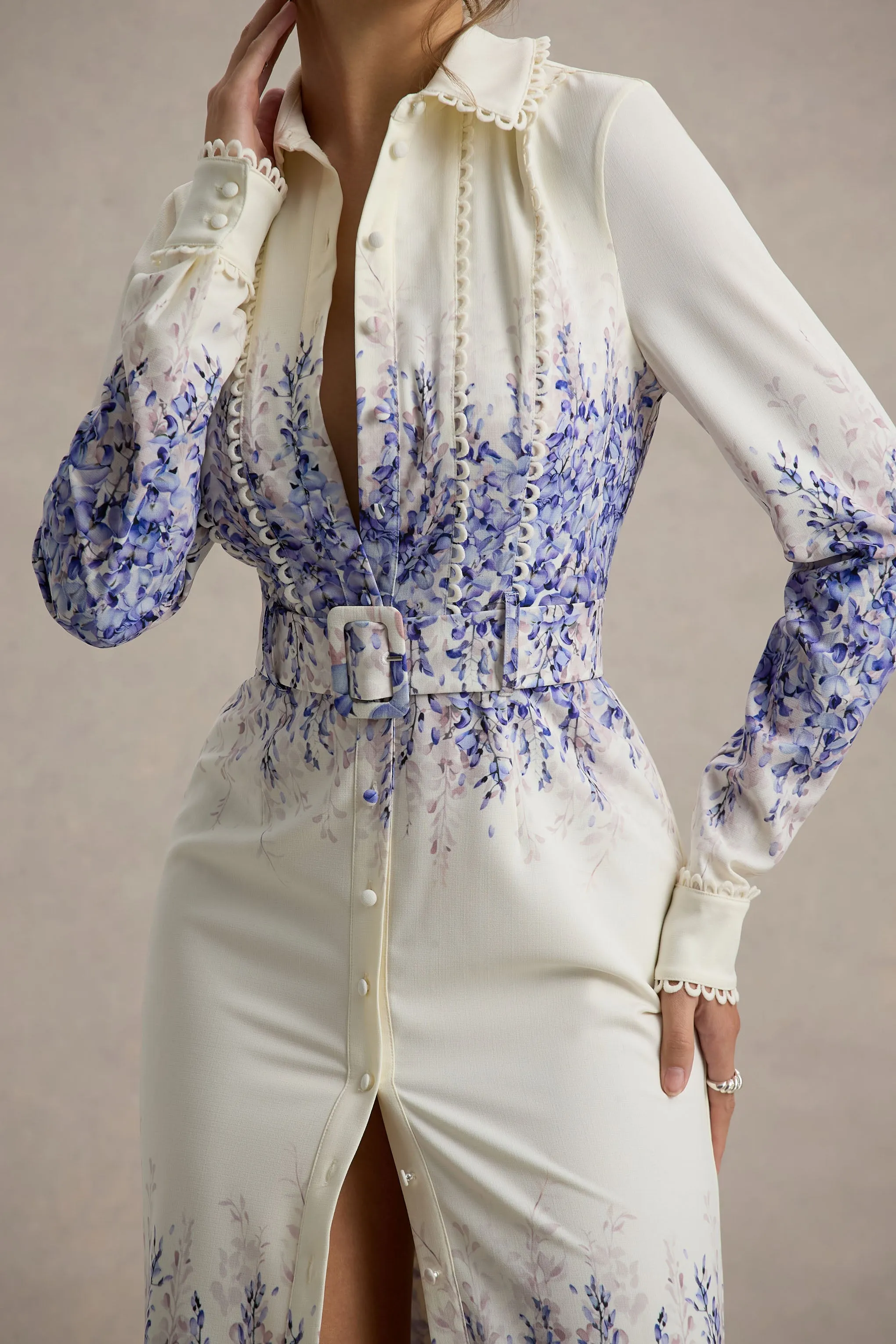 Zephy | Wisteria Print Belted Shirt Midi Dress Club L London