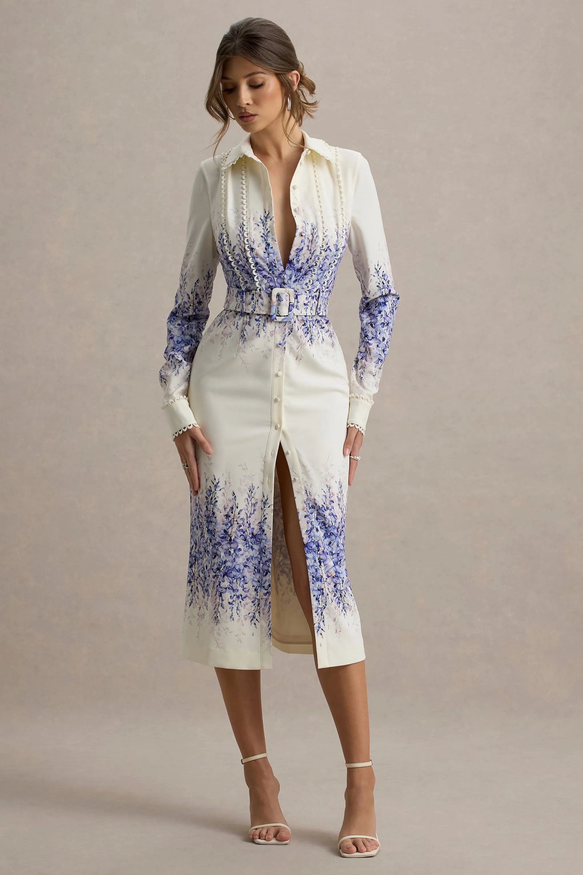 Zephy | Wisteria Print Belted Shirt Midi Dress Club L London