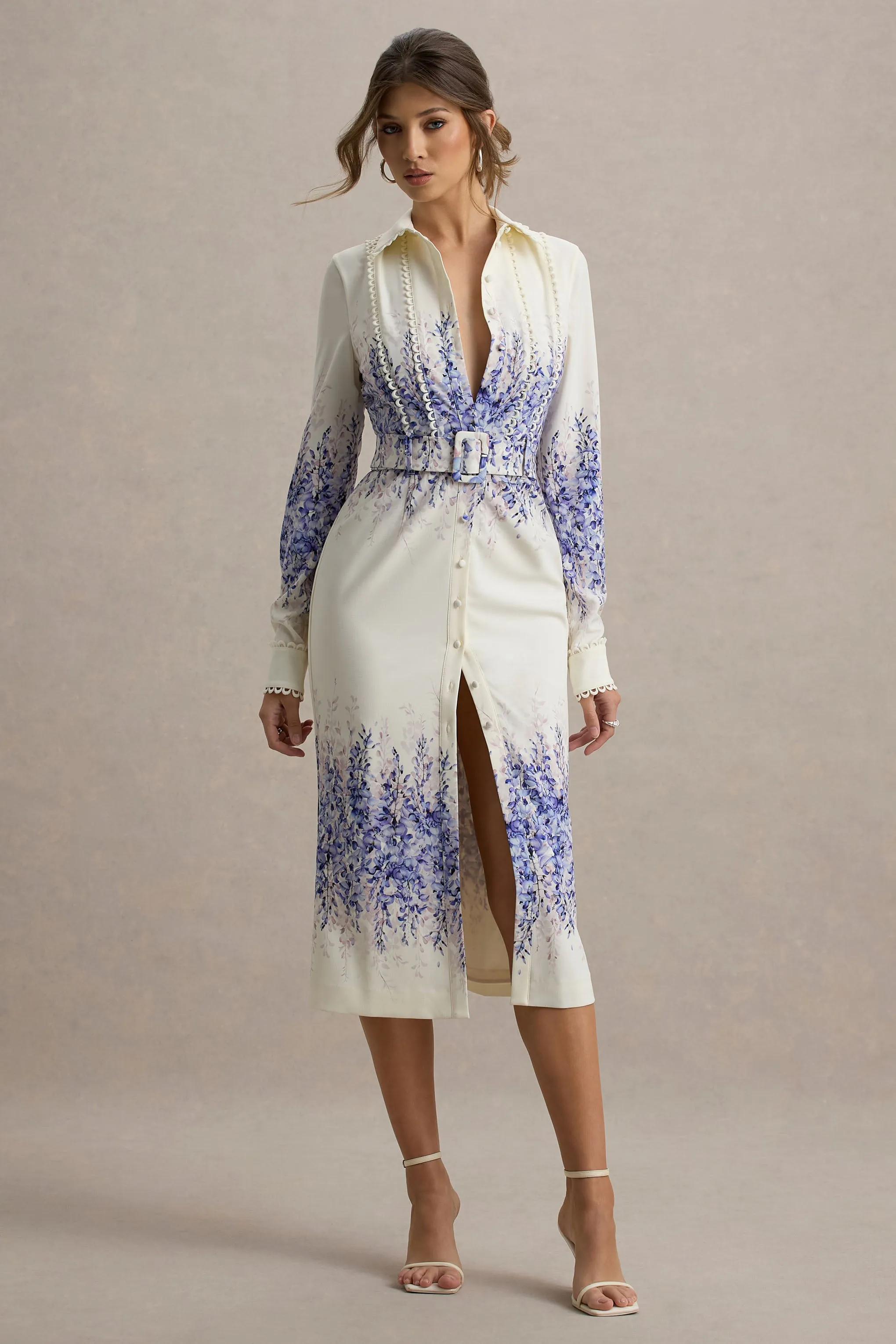 Zephy | Wisteria Print Belted Shirt Midi Dress Club L London