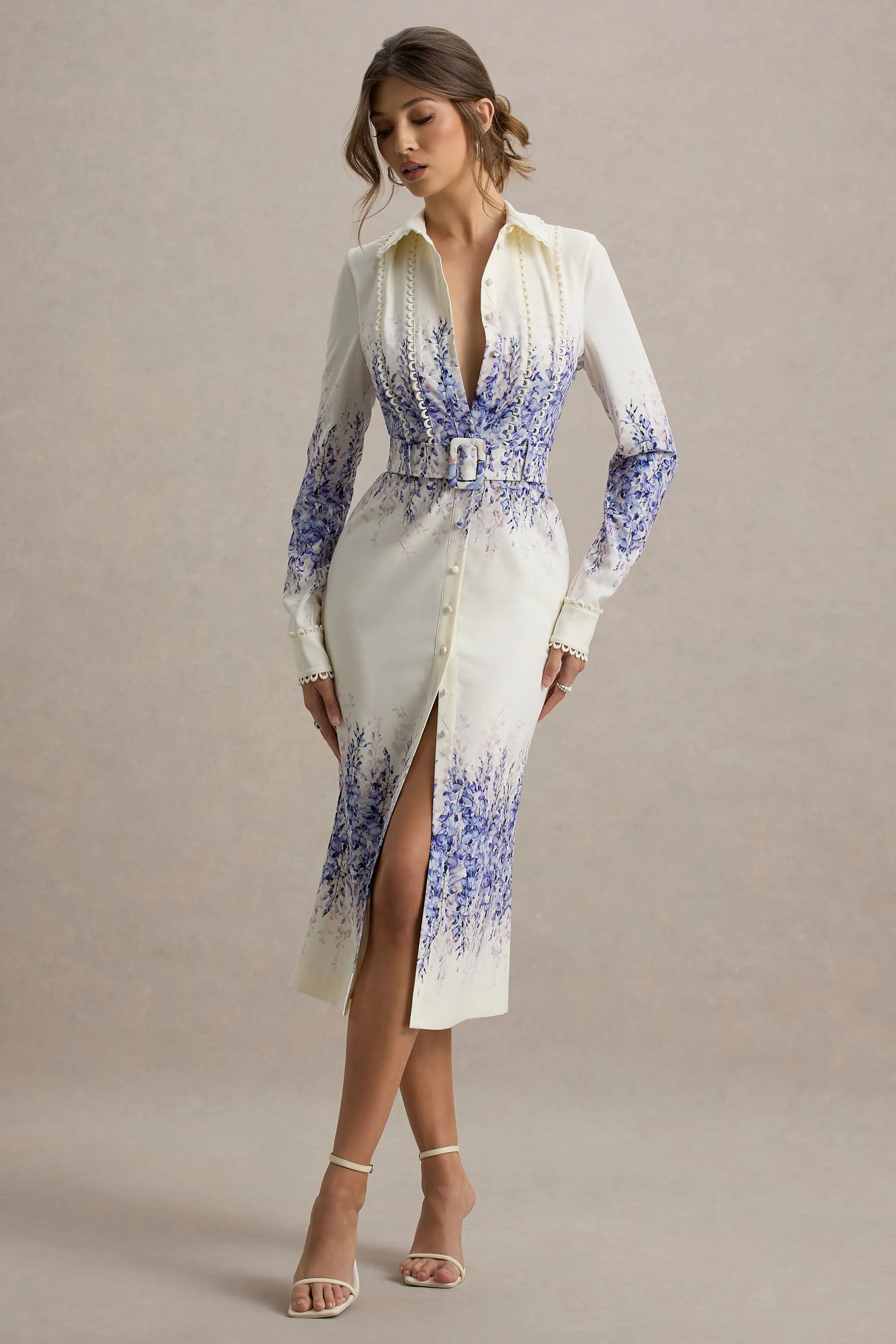 Zephy | Wisteria Print Belted Shirt Midi Dress Club L London