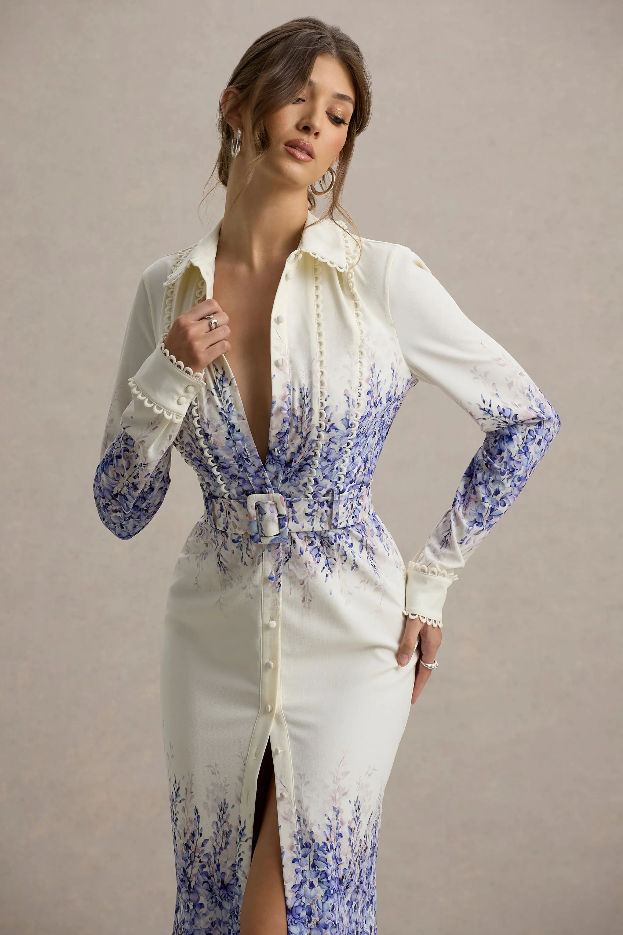 Zephy | Wisteria Print Belted Shirt Midi Dress Club L London
