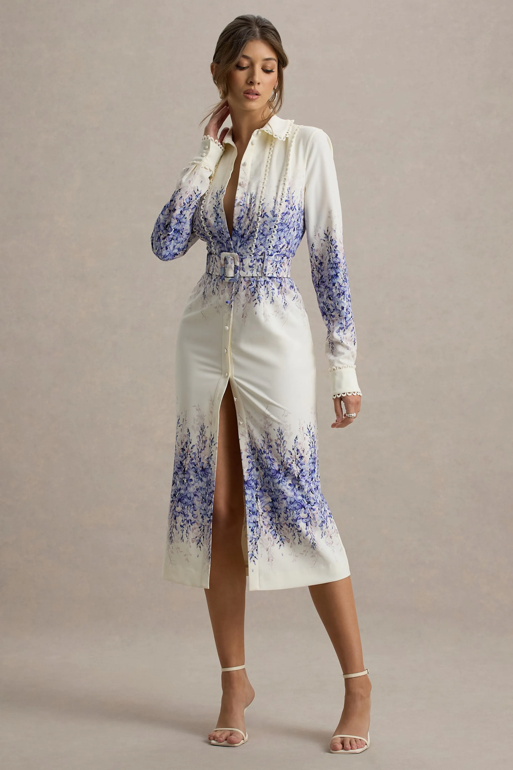 Zephy | Wisteria Print Belted Shirt Midi Dress Club L London